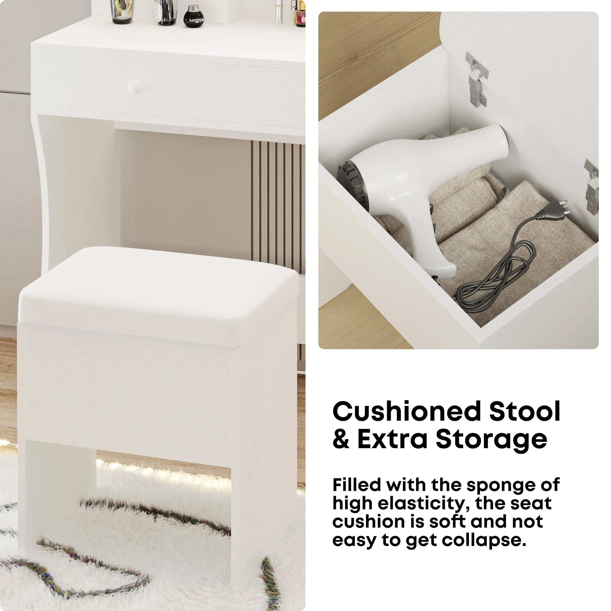 LIKIMIO Vanity Desk with LED  Mirror, Bedroom Makeup Table with 4 Drawers, Storage Stool, White