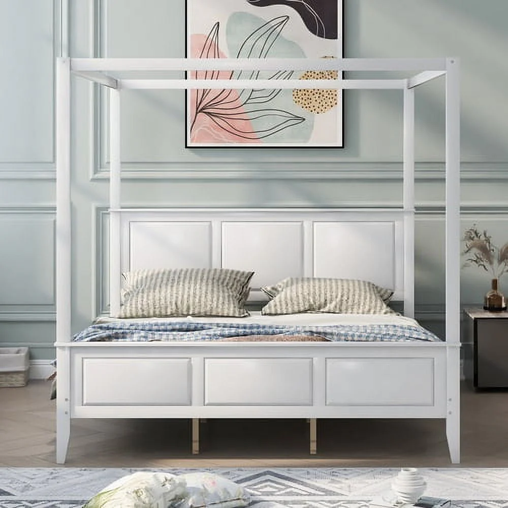 JINS & VICO King Size Platform Bed Frame, Canopy Platform Bed with Storage, Wooden Bed Frame with Headboard, Footboard and Wood Slat Support Leg, No Box Spring Needed, Easy Assembly, White