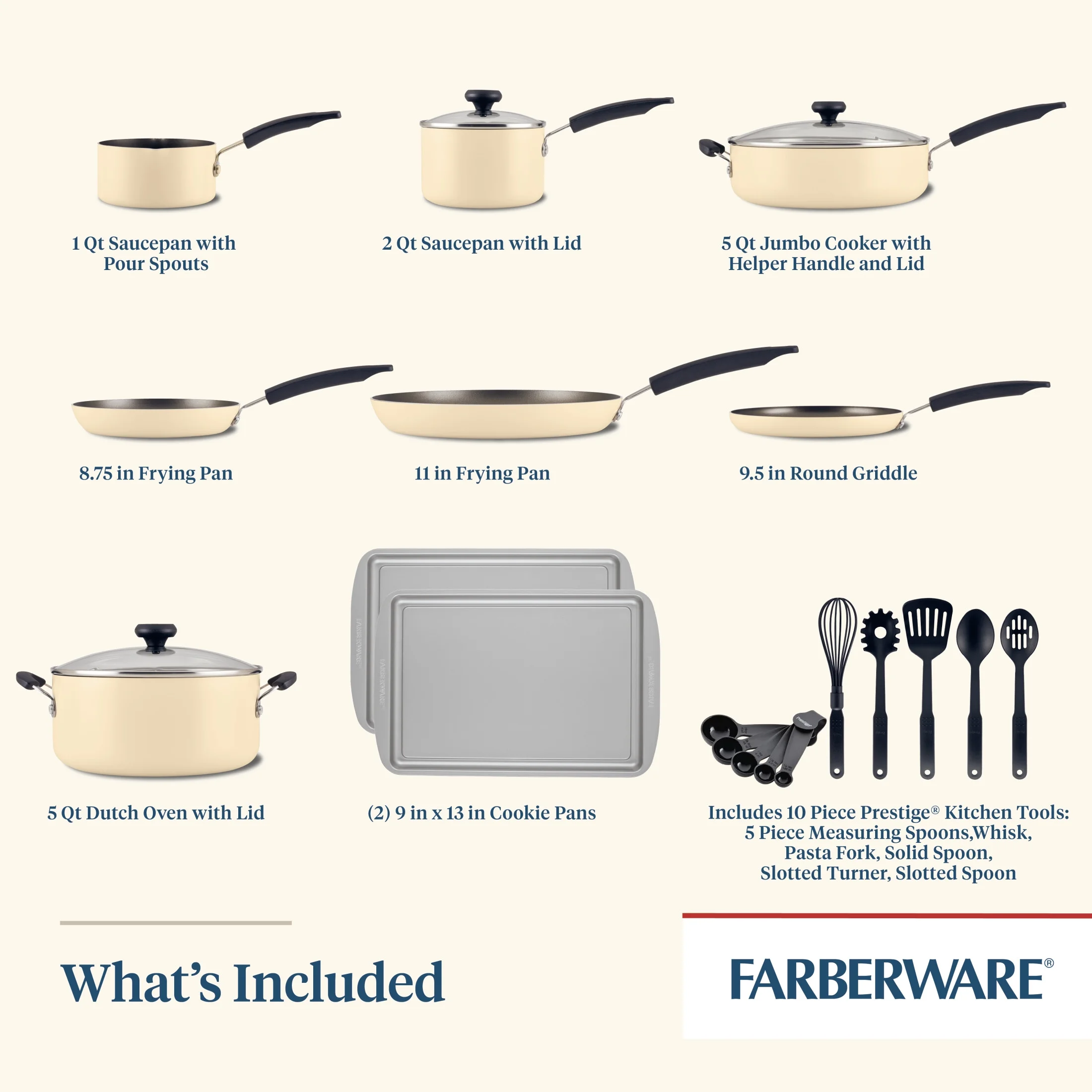 Farberware Easy Clean 22 Pcs Nonstick Cookware Set Includes Griddle Pan and Cooking Tools, Dishwasher Safe, Black
