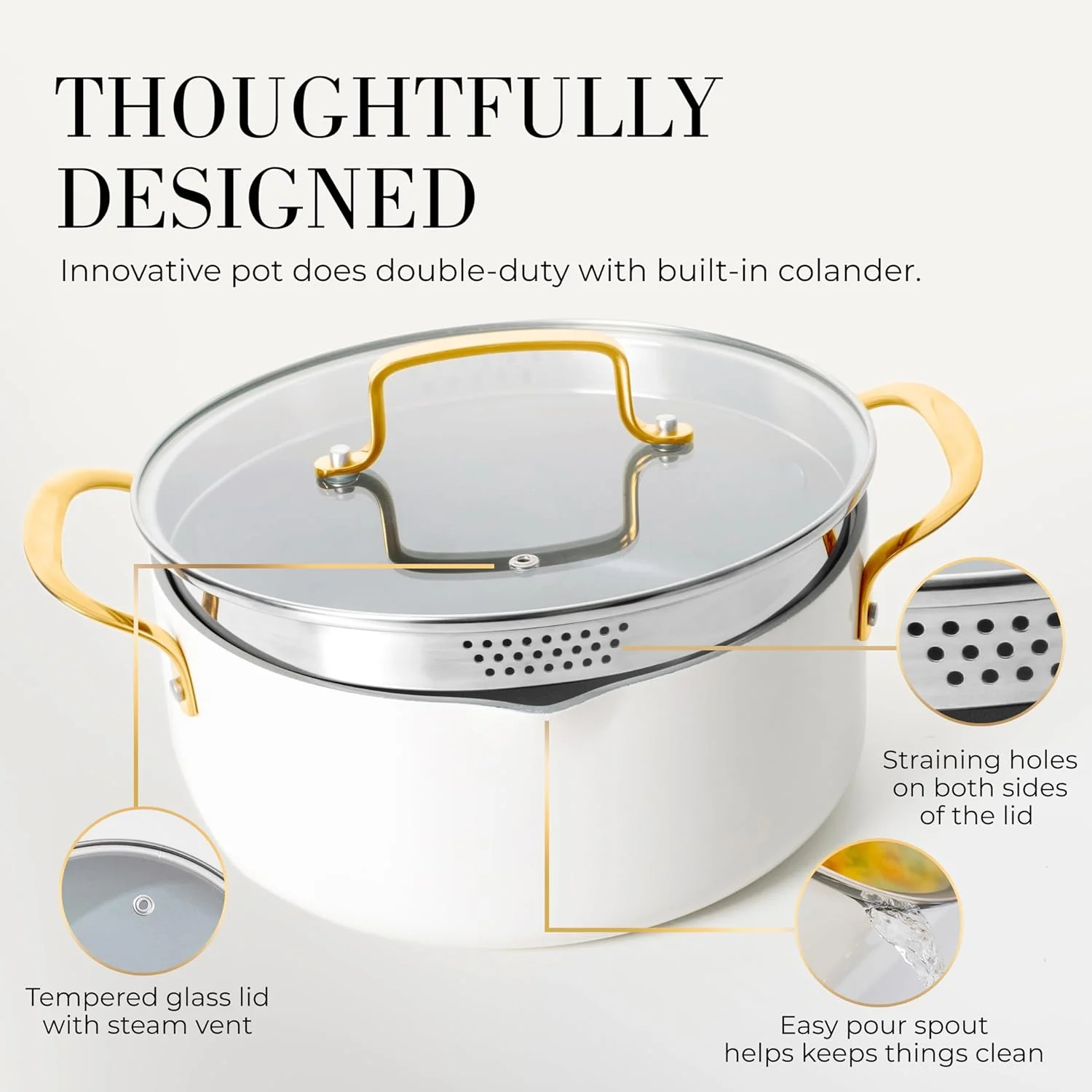 Styled Settings White Pots and Pans Set Nonstick-15 Piece Luxe White Cookware Set Non Toxic,Oven Safe,Induction Safe Cooking Pot with Strainer Lid,Gold Cooking Utensils,Gold Pots & Pans��