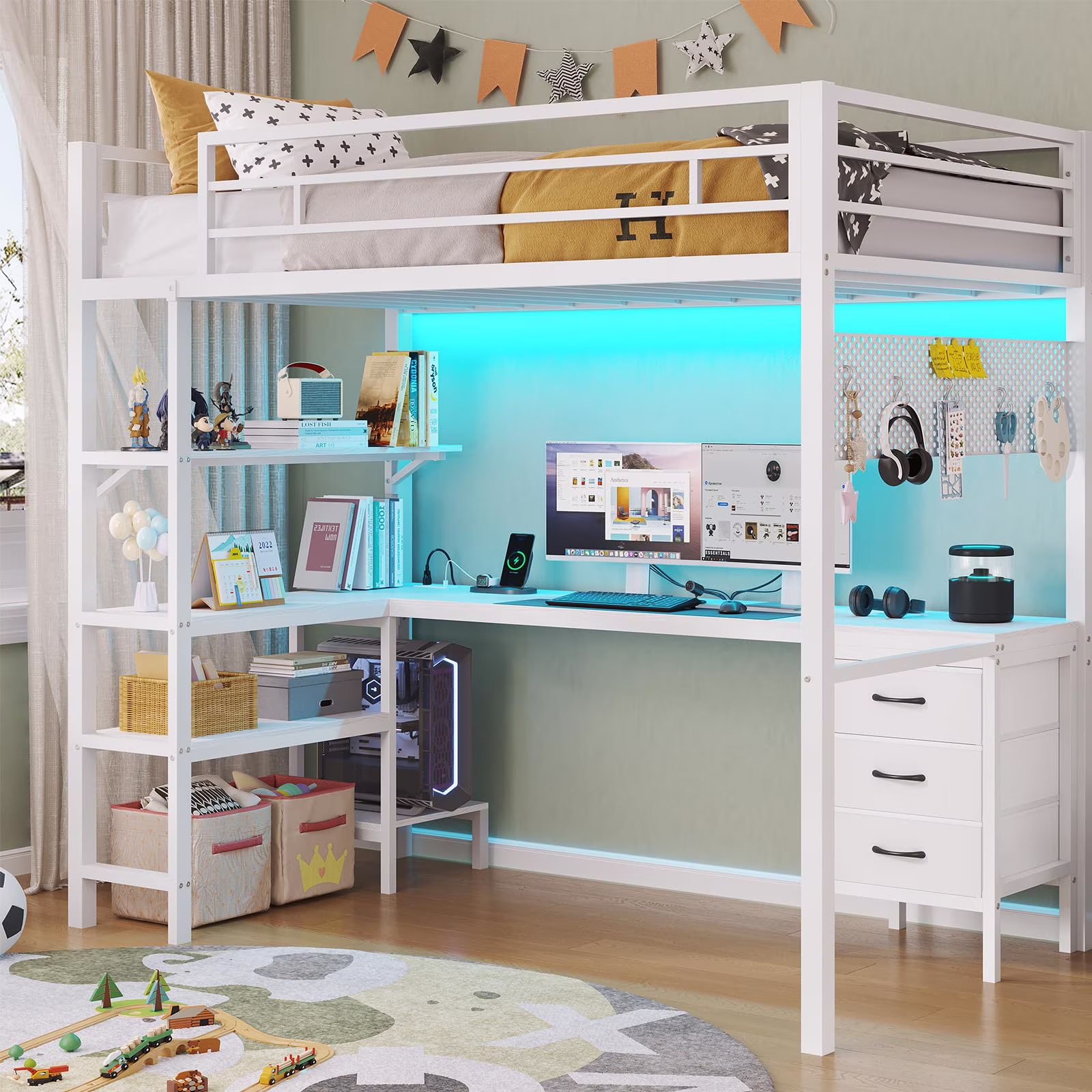 Afuhokles Loft Bed Twin Size with L-Shaped Desk and Charging Station, LED Light Twin Metal Loft Bed with Fabric Drawers and Shelves, Gray