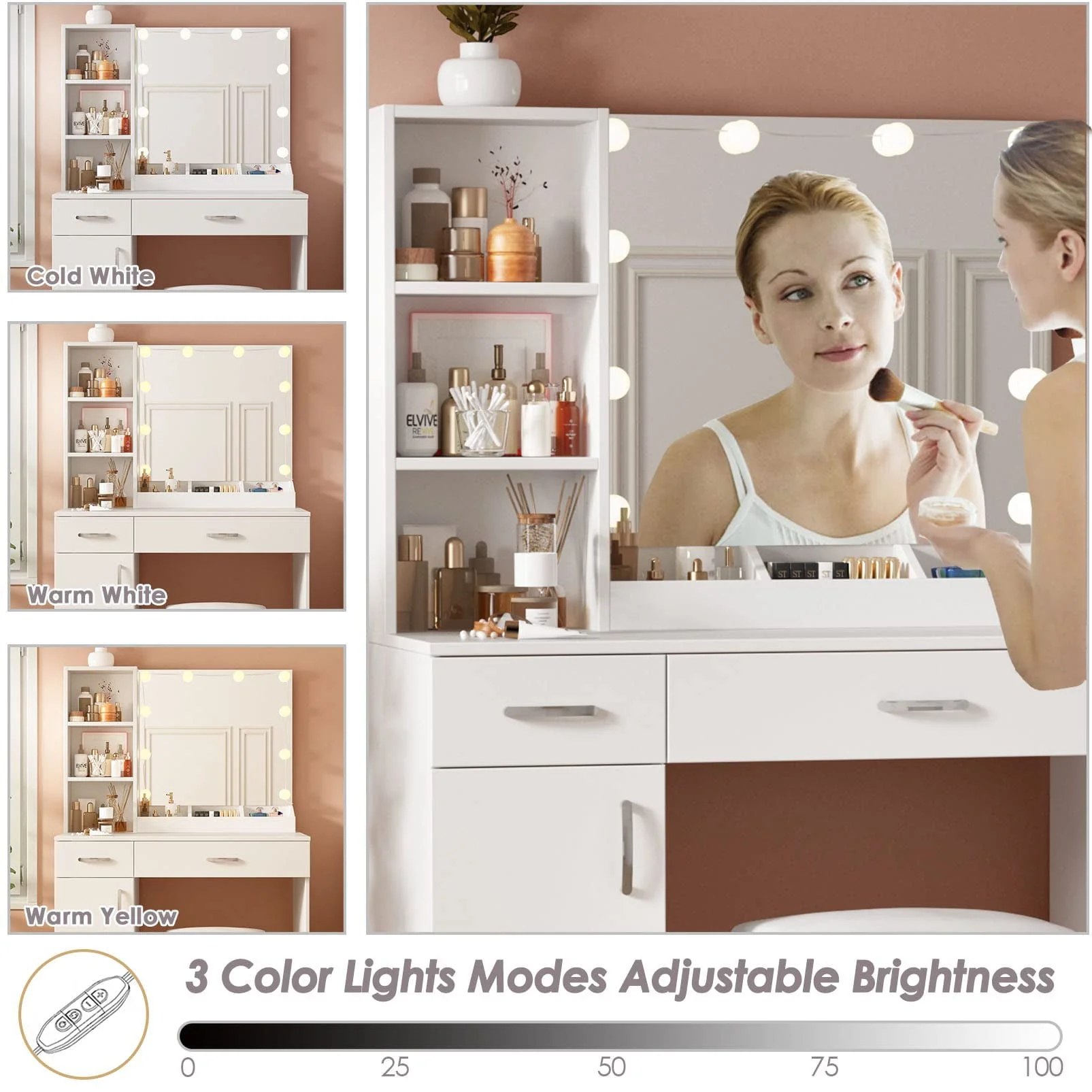 Veanerwood Makeup Vanity Table with 10 Led Lights, Lighted Mirror Vanity Desk, Modern Bedroom Dressing Vanity, White Finish