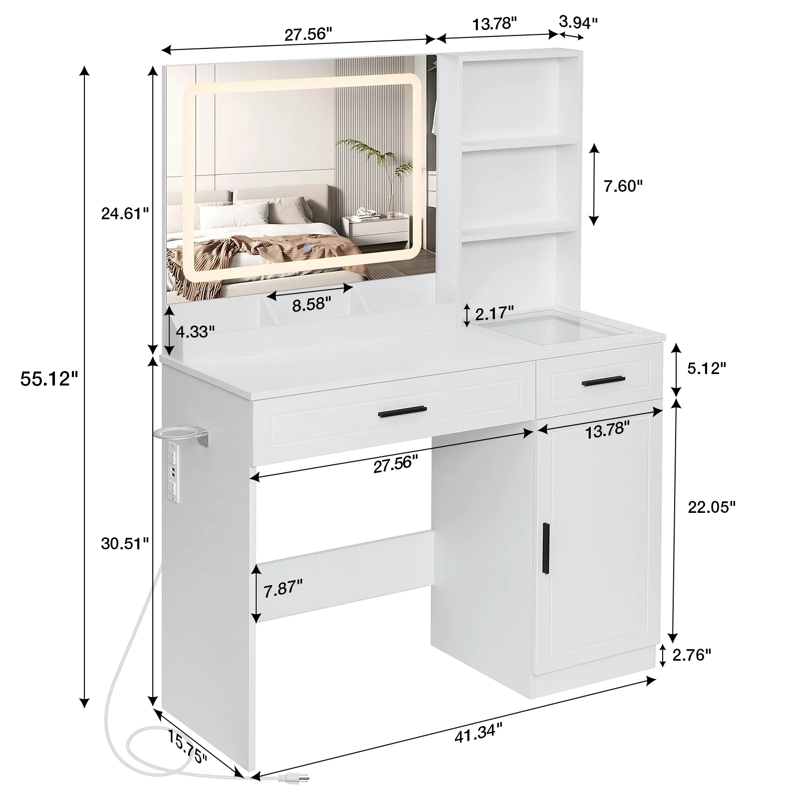 Hommpa Vanity, Makeup Vanity with LED Lighted Mirror Vanity Desk with Drawers Vanity Table with Charging Station for Girls Bedroom Storage Shelves, White