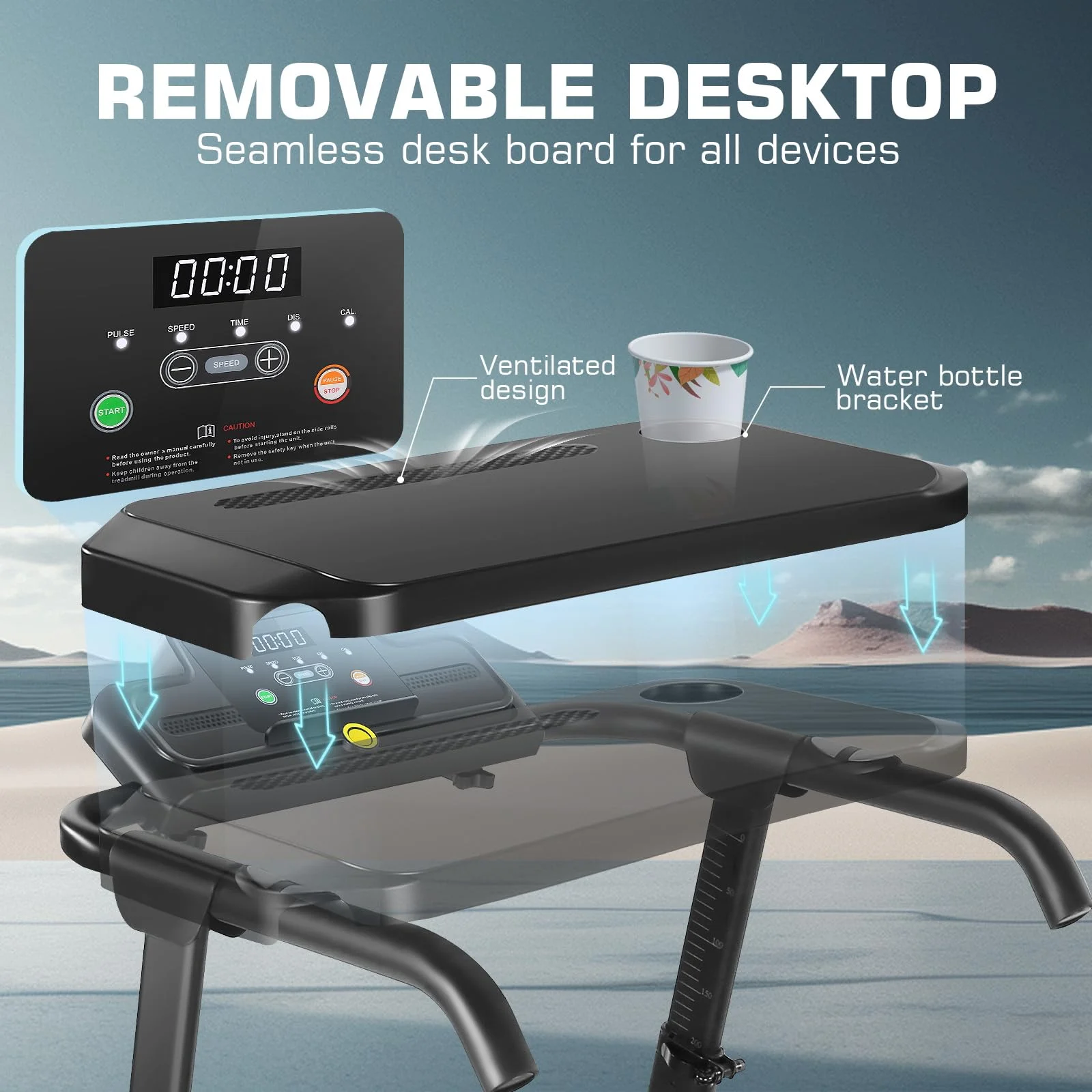 Folding Treadmill with Removable Desk, Foldable Treadmill with Adjustable Height, Treadmill 300lb Weight Capacity, White