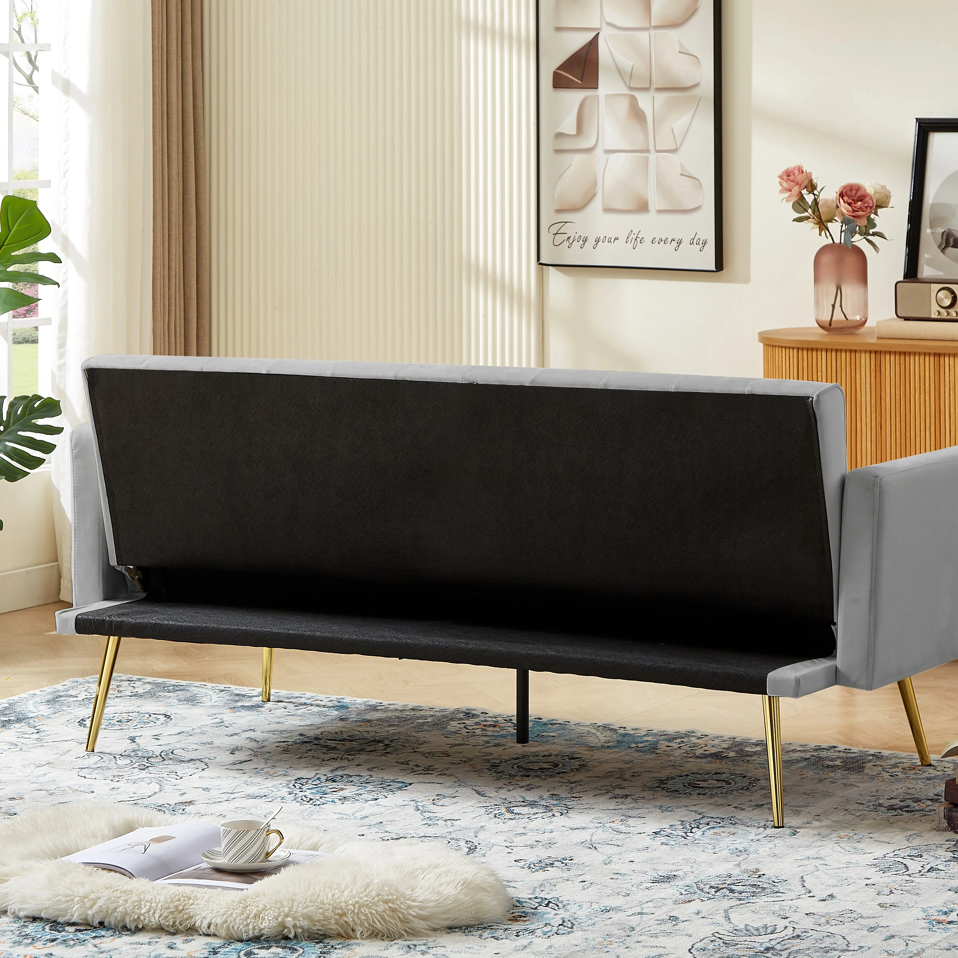 Leumius Velvet Futon Sofa Bed Mid-Century Modern Adjustable Backrest with Pillows, Gray/Gold