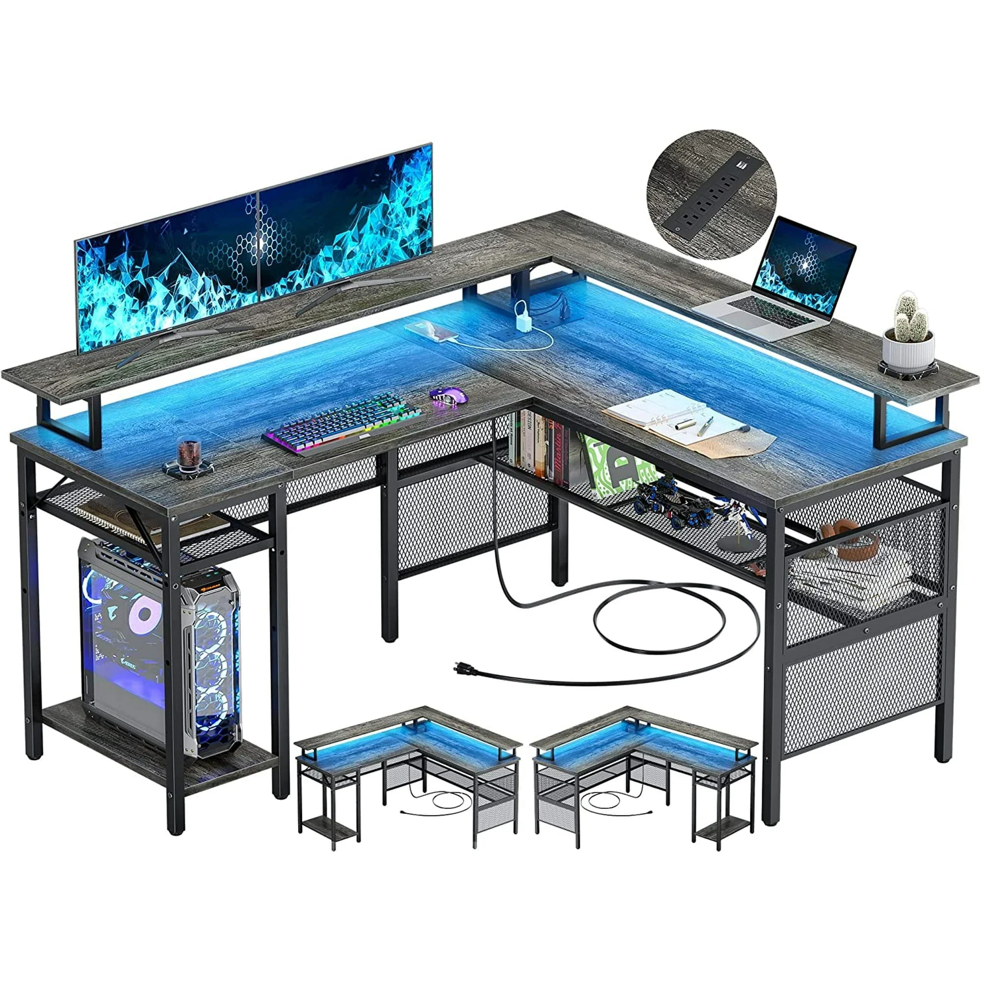 Homieasy L Shaped Desk with Power Outlets and LED Light, 55 inch Reversible L-Shaped Gaming Desk with Monitor Stand, Ergonomic Corner Computer Desk with Storage Shelf for Home Office, Rustic Brown