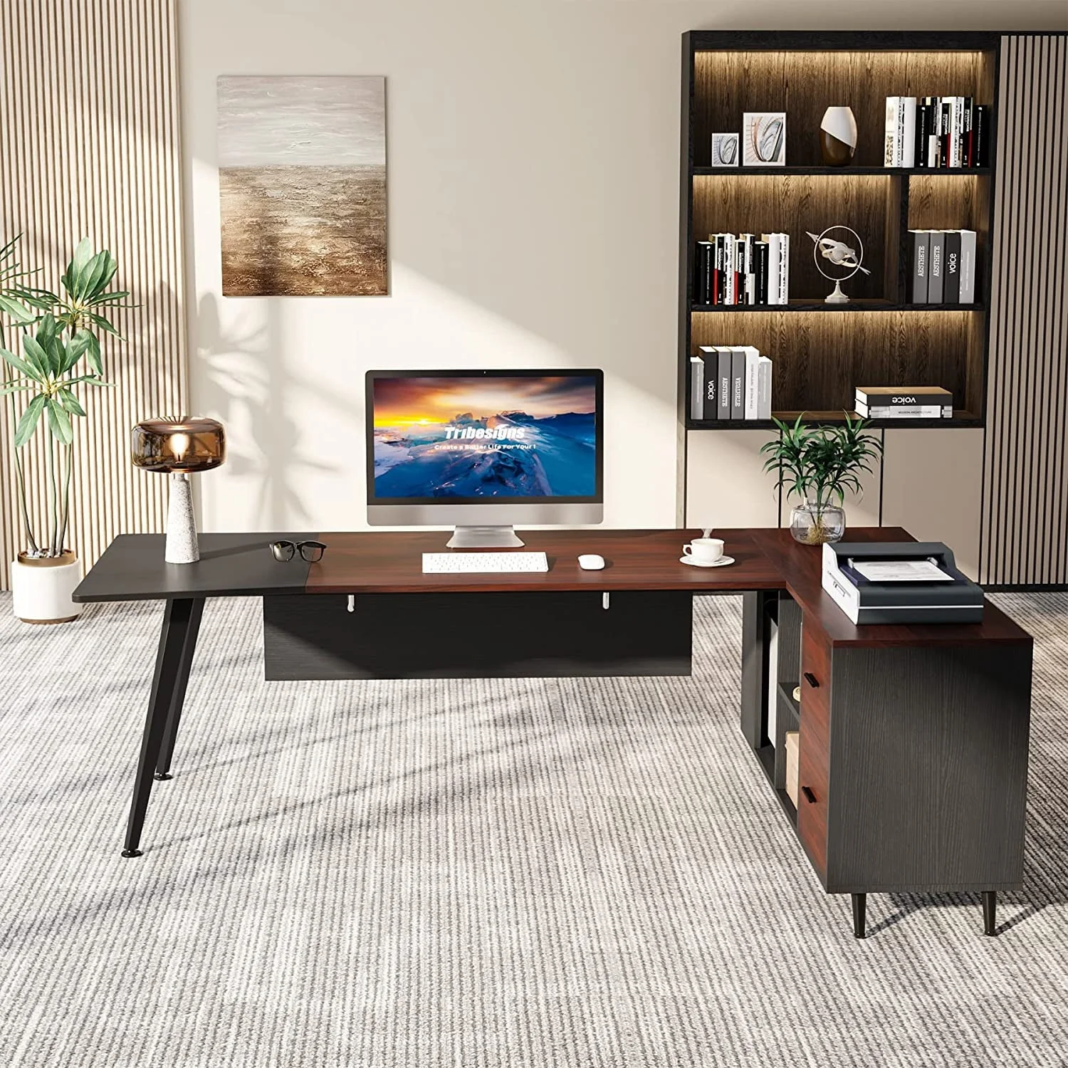 Tribesigns 87” Extra Long Executive Desk with 51” File Cabinet in Drawer and Storage Shelves, Dark Walnut & Grey