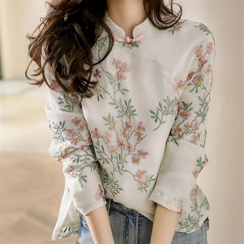 Soft Women's Blouse Shirt Chinese Style Long Sleeve Cheongsam Shirt All Match