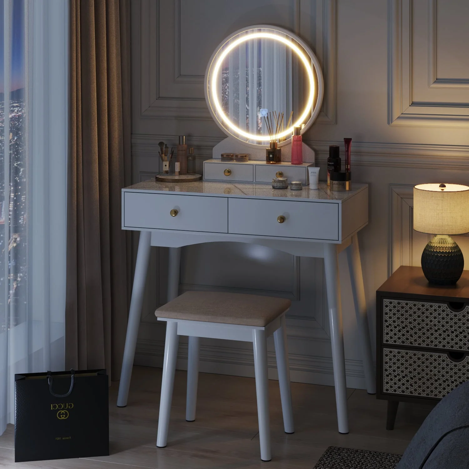 Furmax Vanity Table with Lighted Mirror, Vanity Desk with Stool, Dressing Table with 4 Drawers, Makeup Vanity Set, White Finish, for Bedroom