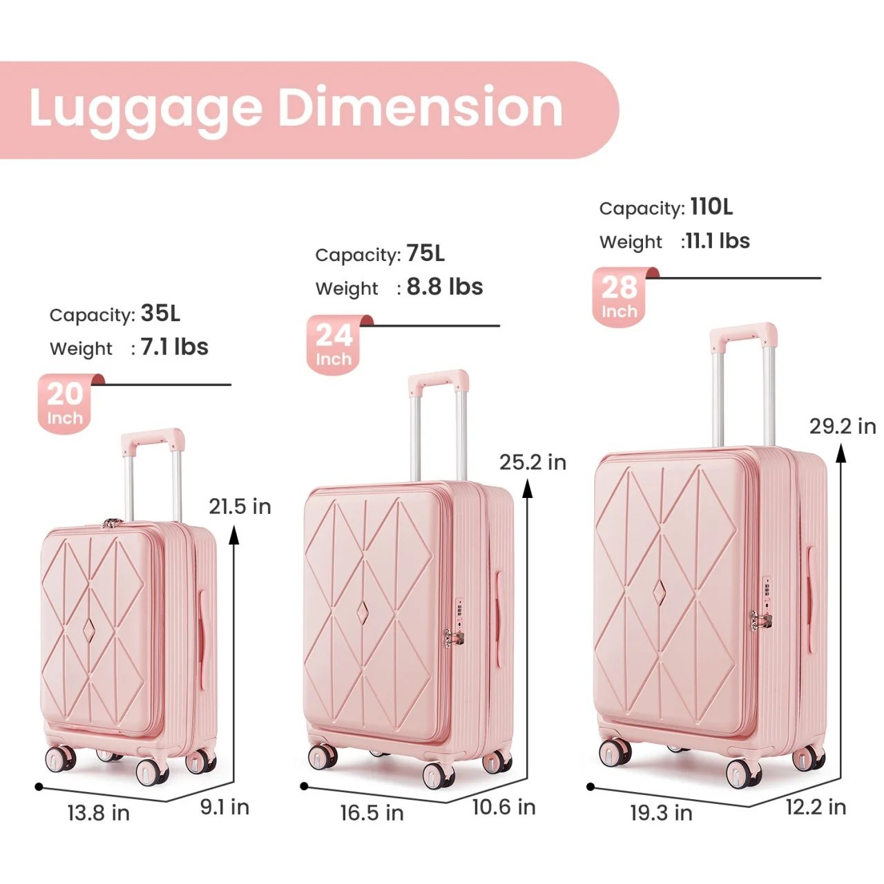 3 Piece luggage sets, Expandable Luggage 20/24/28 Inches with TSA Lock, PC Hardshell Luggage with Front Compartment, Airline Approved, Pink