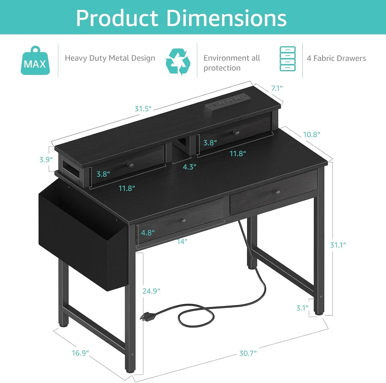 Small Desk with Drawers for Home Office Bedroom, 31 inch Black Writing Study Desks with Fabric Drawers Storage, Gaming Desk Table with Power Outlet & Monitor Stand, Black