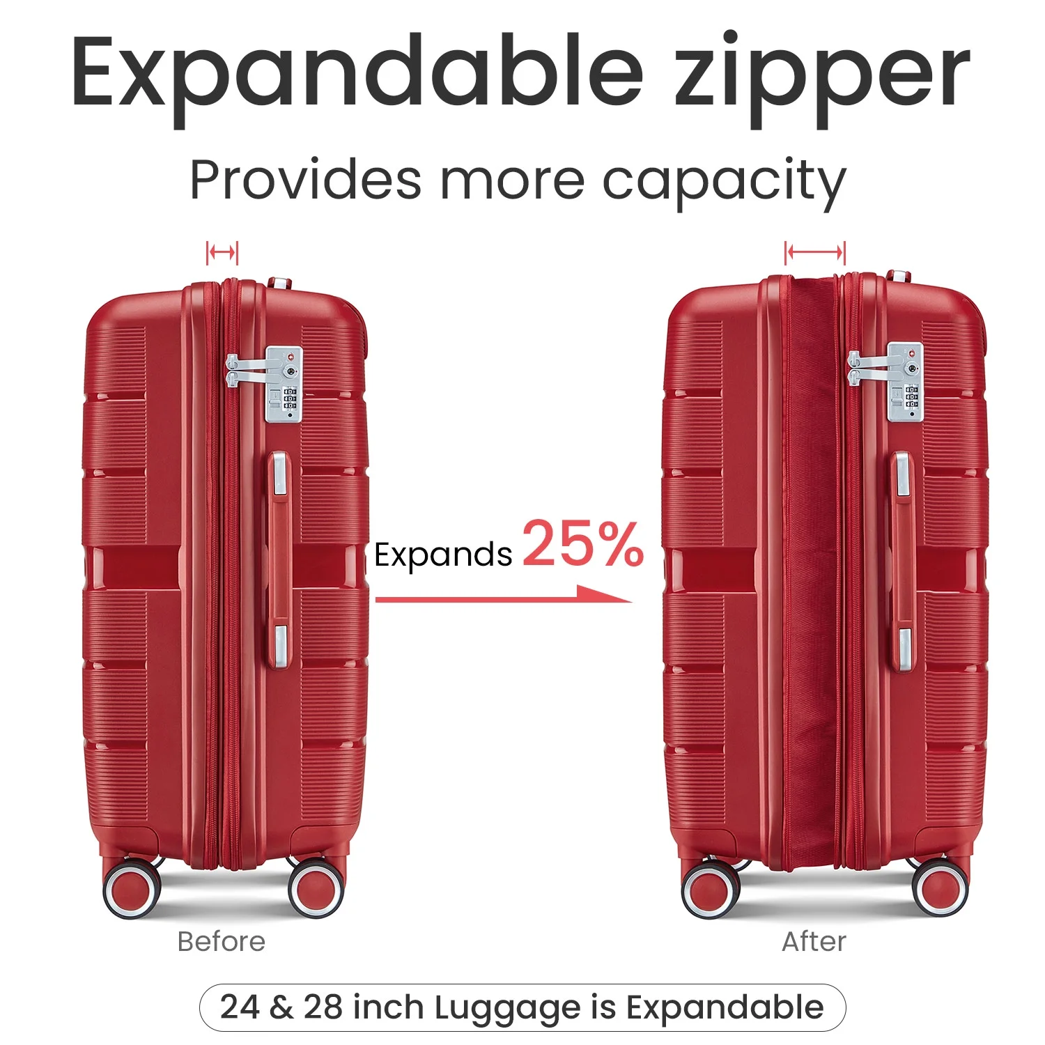4 Piece Luggage Set, Expandable Lightweight Suitcase Set, PP Materials Travel Luggage with TSA Lock Spinner Wheels, White (14/20/24/28)
