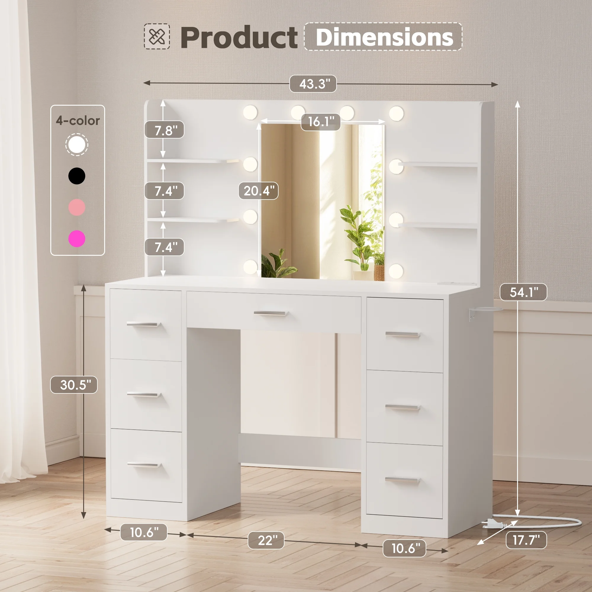 Lacoo Vanity Desk with Mirror and LED Lights, Makeup Vanity with 7 Drawers & 4 Shelves, Vanity Table with Power Outlet for Bedroom Dressing Room, White