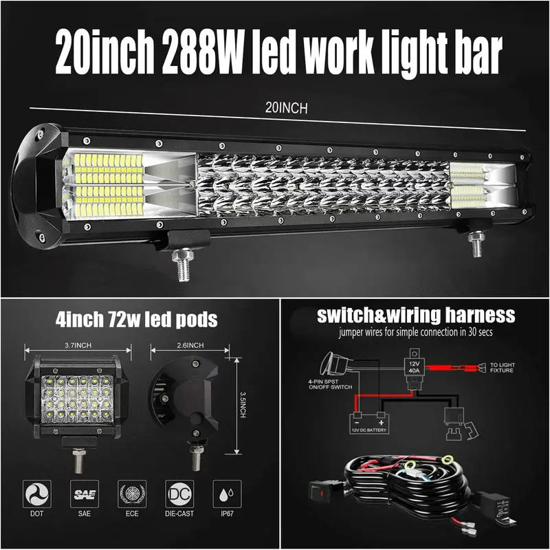20-Inch Triple-Row LED Light Bar + 4x 72W LED Pods – Waterproof Spot/Flood Combo for Off-Road Vehicles & Equipment