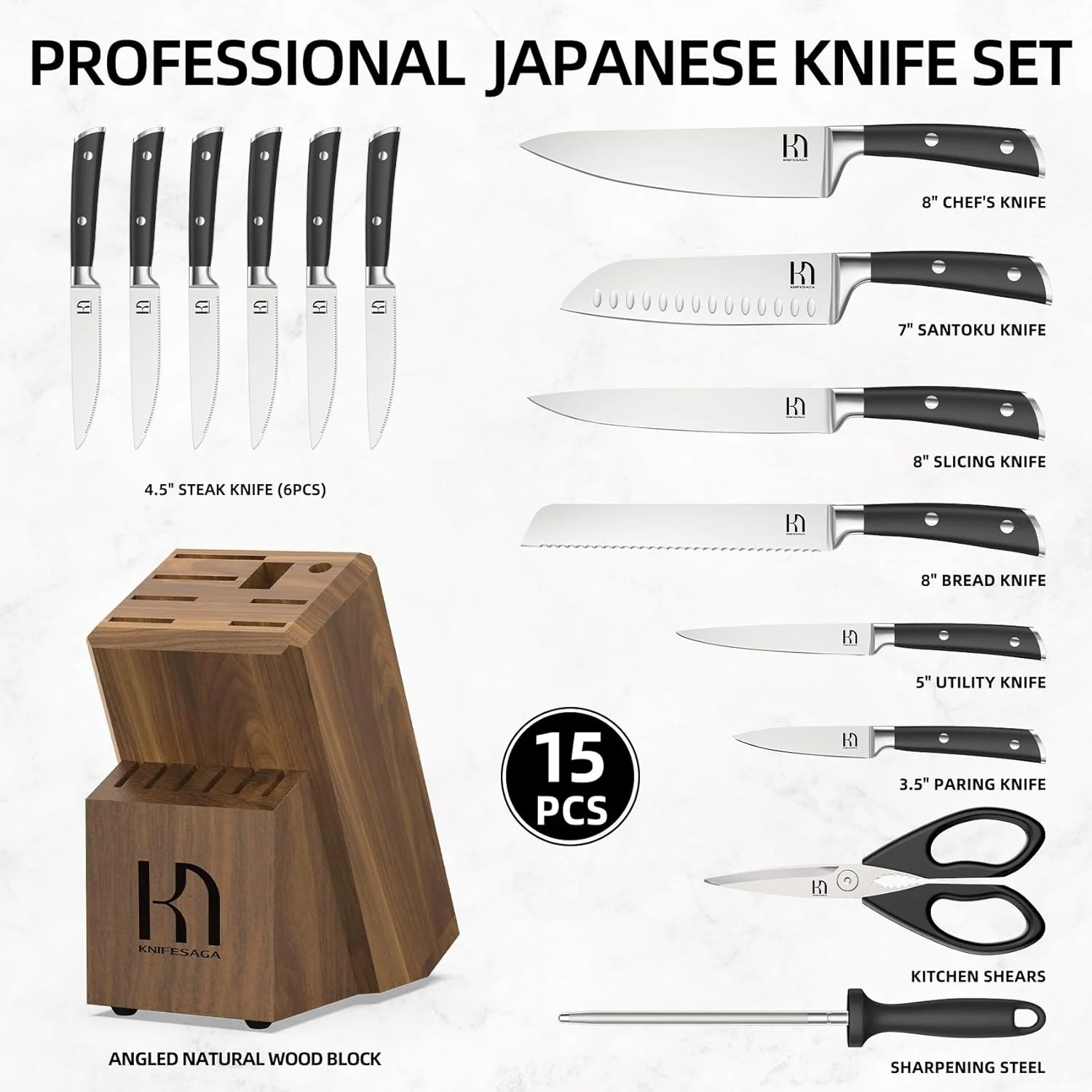 Knife Set 15 Pcs Japanese High Carbon Stainless Steel Kitchen Knife Sets with Block and Sharpener, Premium Razor Sharp Black Knives Block Set for Kitchen with Ergonomic Full-tang Handle