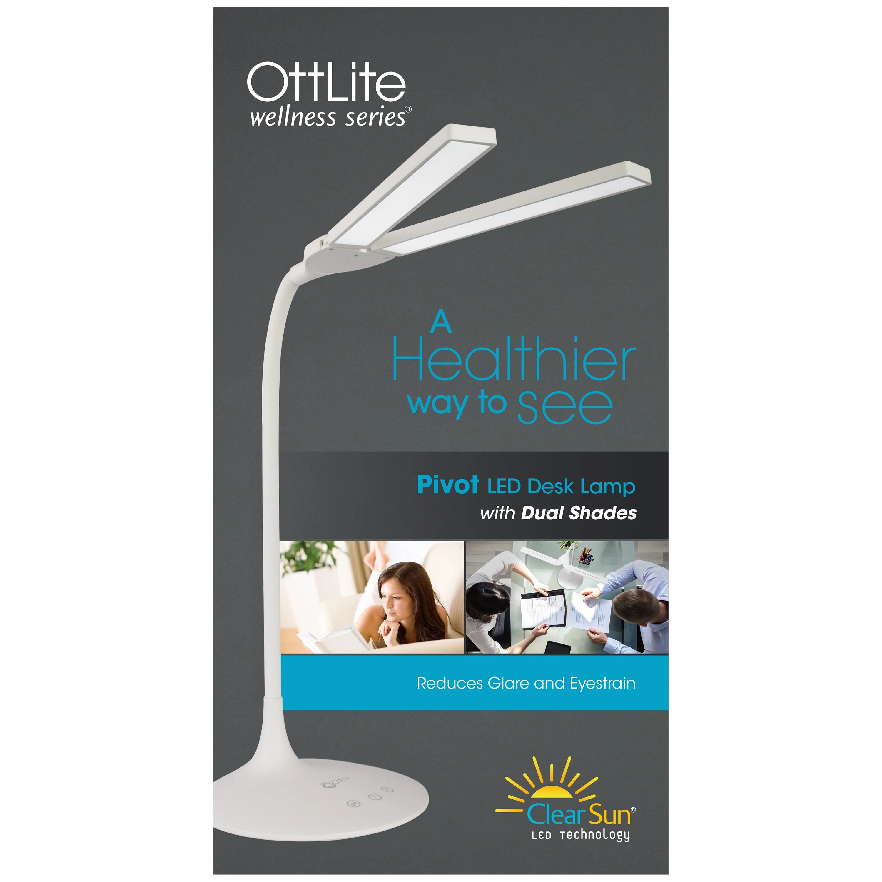 OttLite Wellness Series Pivot LED Desk Lamp with Dual Shades, Touch Activated Controls, Gradual Dimmer, for Working, Crafting, Sewing, Studying, White