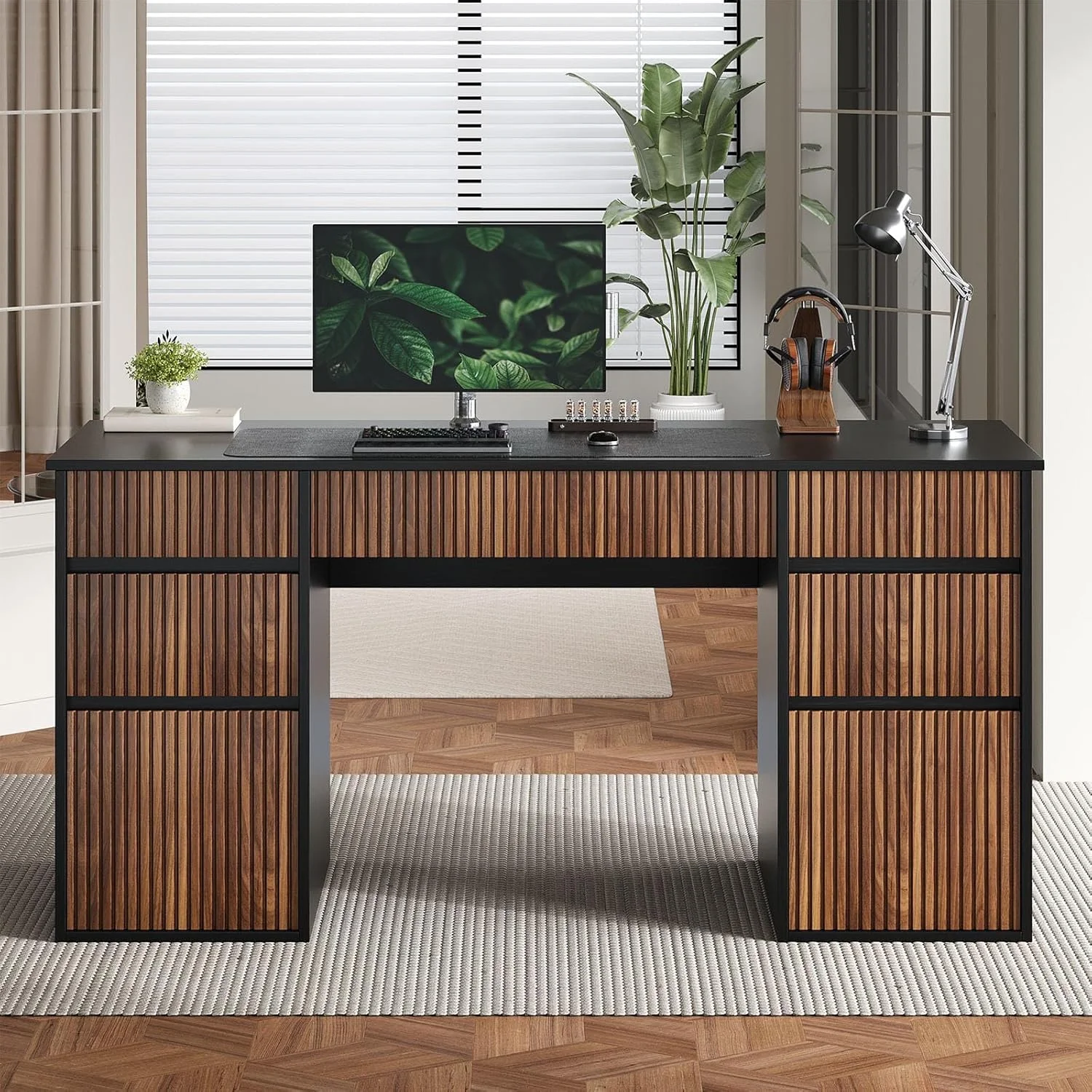 DreamCurship 58 Inch White Executive Desk, White Computer Desk with 7 Drawers, Home Office Desk for Work and Study, White and Walnut
