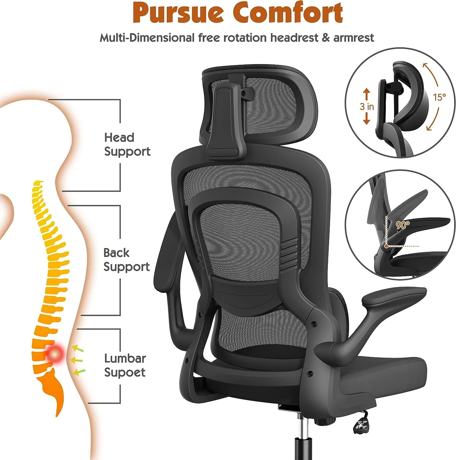 Blarity Ergonomic Office Chair, High Back Mesh Desk Chair with Lumbar Support and Adjustable Headrest