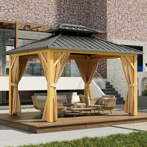 10′ x 13′ Galvanized Steel Hardtop Gazebo – Double Roof. Aluminum Frame. Mosquito Netting & Sunshade Curtains. Khaki