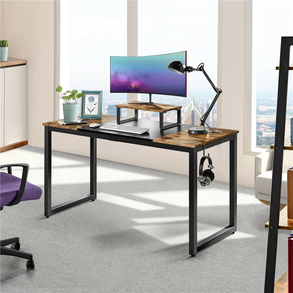Easyfashion Industrial Computer Desk with Monitor Stand, Rustic Brown/Black