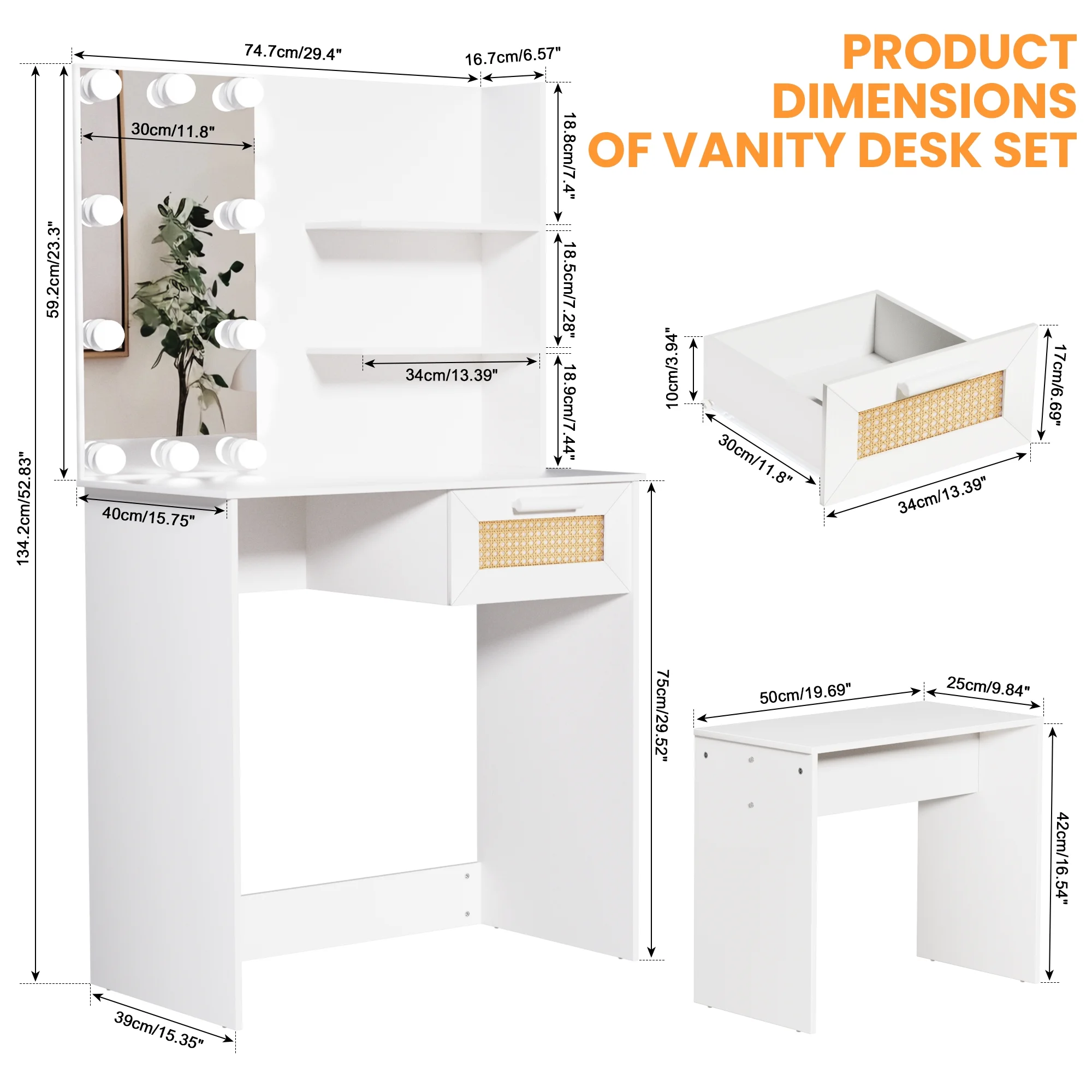 Resenkos Vanity Desk Set with Mirror and Lights for Makeup, 5 Drawers Storage Dresser for Bedroom, White