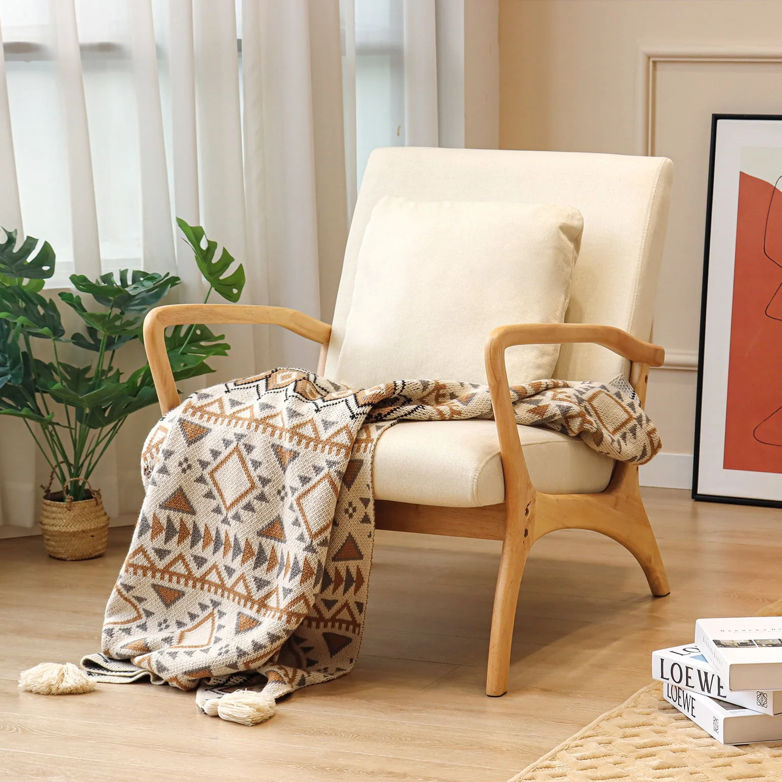July's Song Mid-Century Modern Accent Chair,Living Room Linen Read Arm Chairs with Cushion,Wood Frame Armchair for Bedroom,Beige