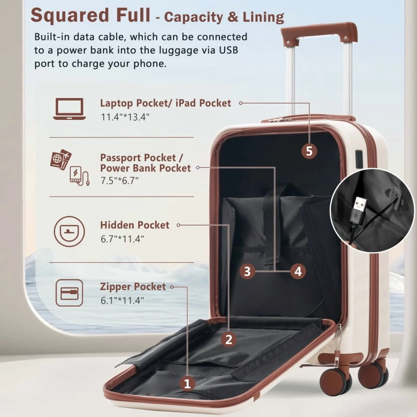 Front Opening Luggage Set 3 Piece, Hardside Carry on Suitcase with USB Port, Expandable Luggage with Handle Bag Spinner Wheels TSA Lock