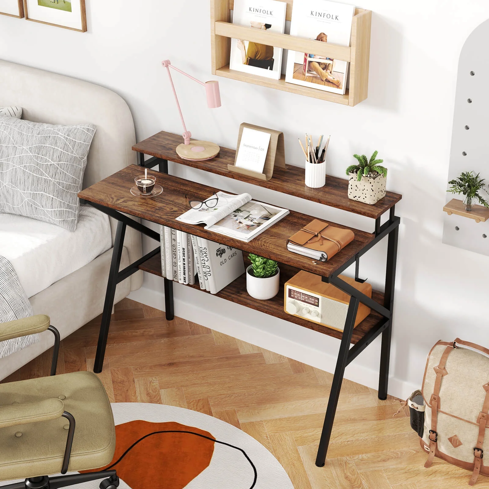 Costway Home Office Desk with Monitor Stand, Open Shelf & Metal Frame, Earphone Hook White