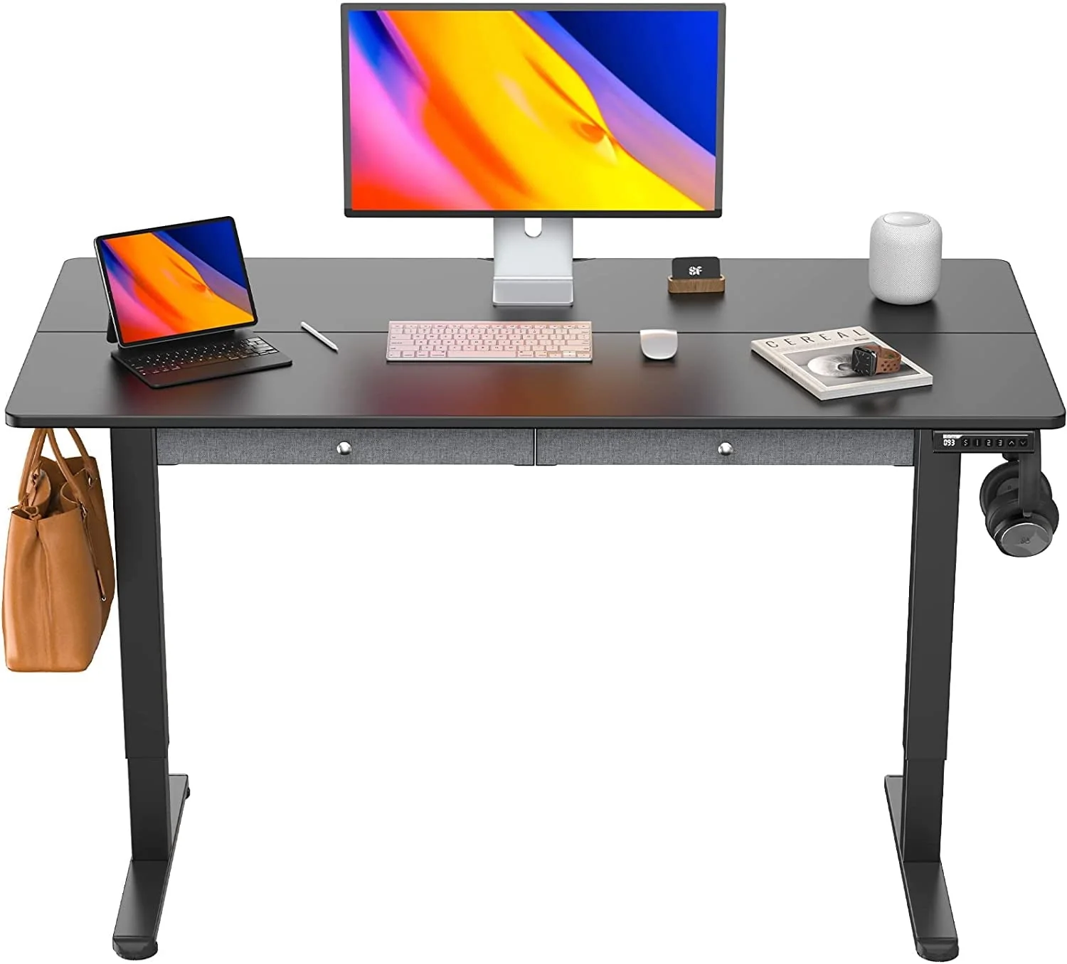 Kyspho Adjustable Height Electric Standing Desk with Double Drawers, 48x24 inches Sit Stand Up Desk Computer Workstation for Home Office, Black