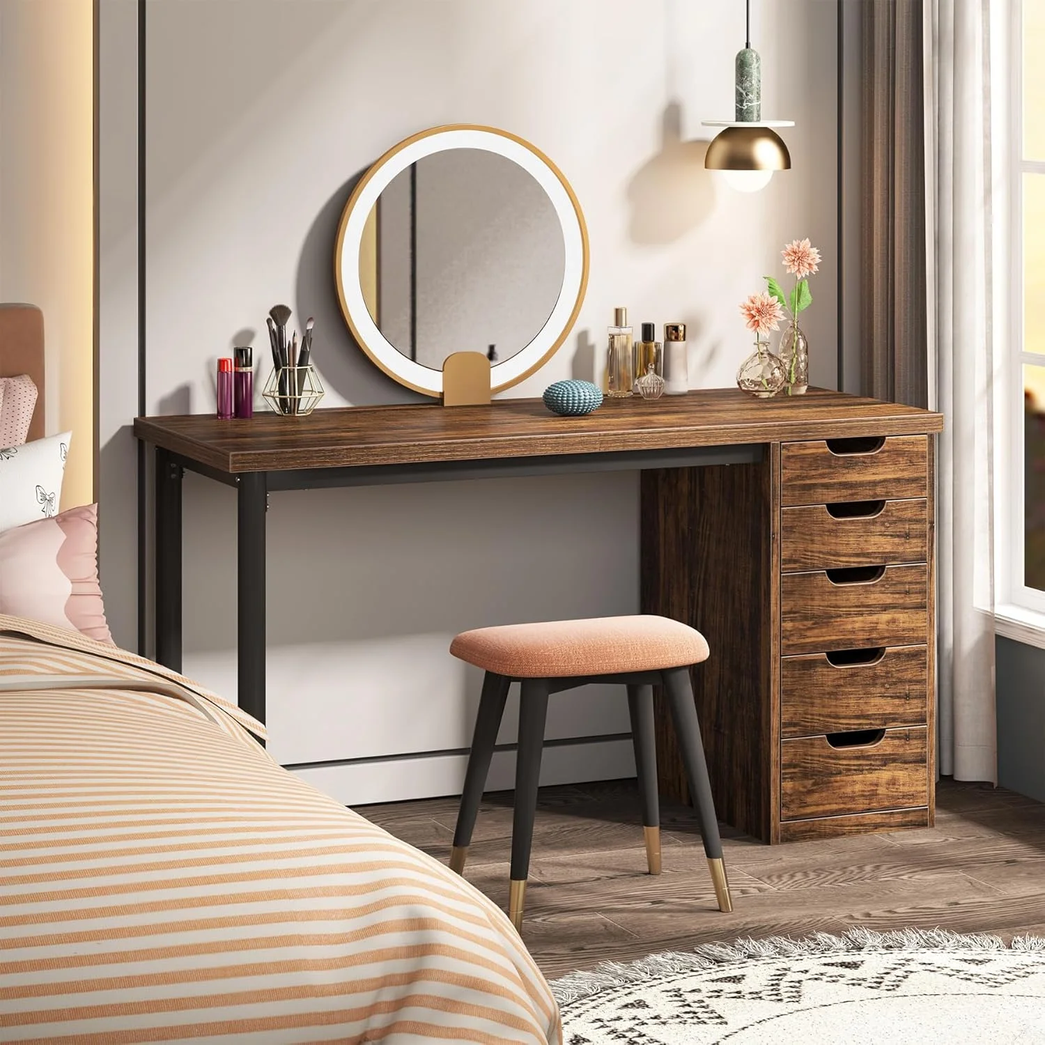 Tribesigns 47 inches Vanity Desk with 5 Drawers, Rustic Makeup Dressing Table with Storage, Modern Simple Computer Desk for Women, Girls (Brown)