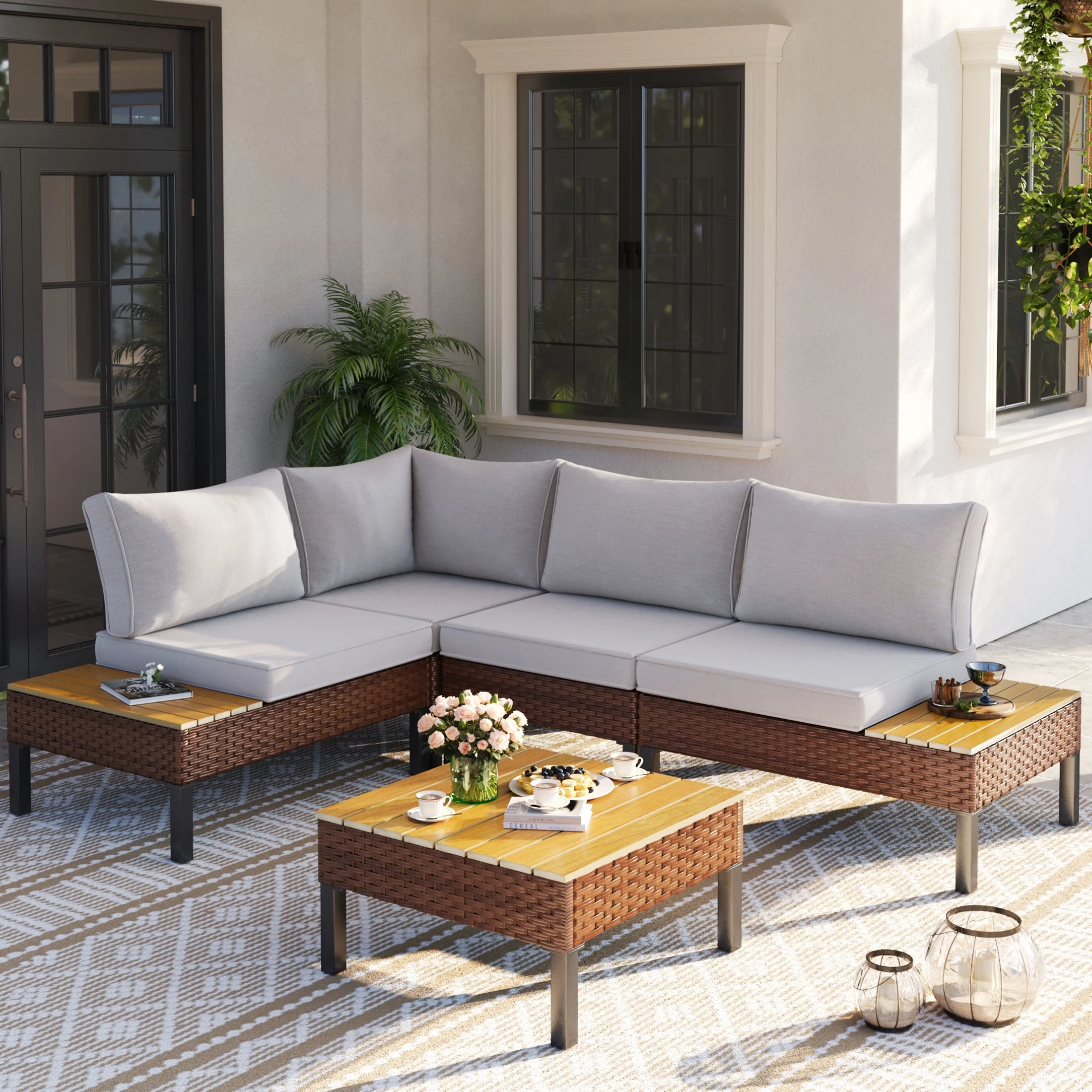 Poteban 5-piece Rattan Outdoor Patio Sofa Set,L-Shaped Sectional Sofa Couch with Coffee Table for Backyard,Lawn,Garden,Navy Blue