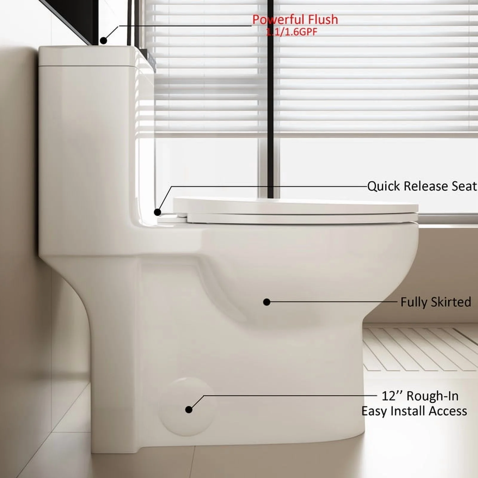 Albriya Modern One Piece Toilet with Soft Close Seat , Elongated Toilet with Comfort Seat Height, ADA Chair Height 17.32