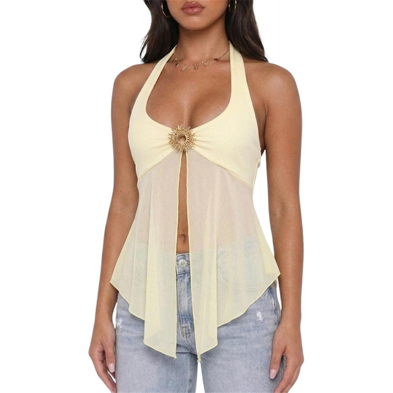 Usweetie Women Y2K Sexy Sheer Mesh Flowy Halter Top