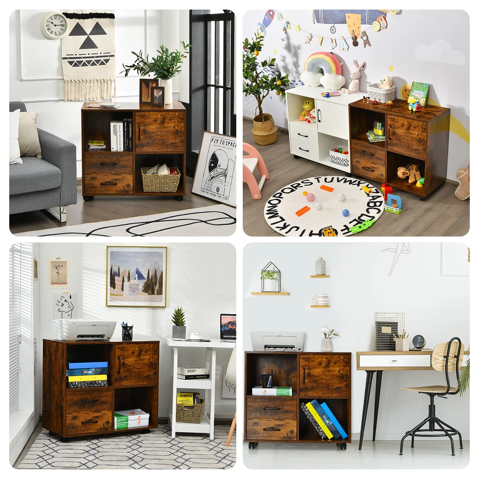 Costway File Cabinet Mobile Lateral Printer Stand with Storage Shelves Brown