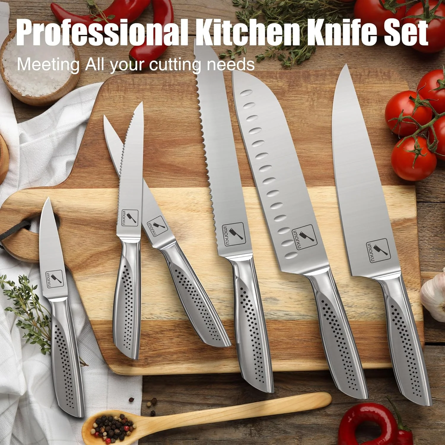 imarku Japanese HC Stainless Steel 15 Piece Kitchen Knife Set, Built in Sharpener, Sharp Knife Set with Point like Ergonomic Handle, Holiday Gift, Home Chef Knife, White