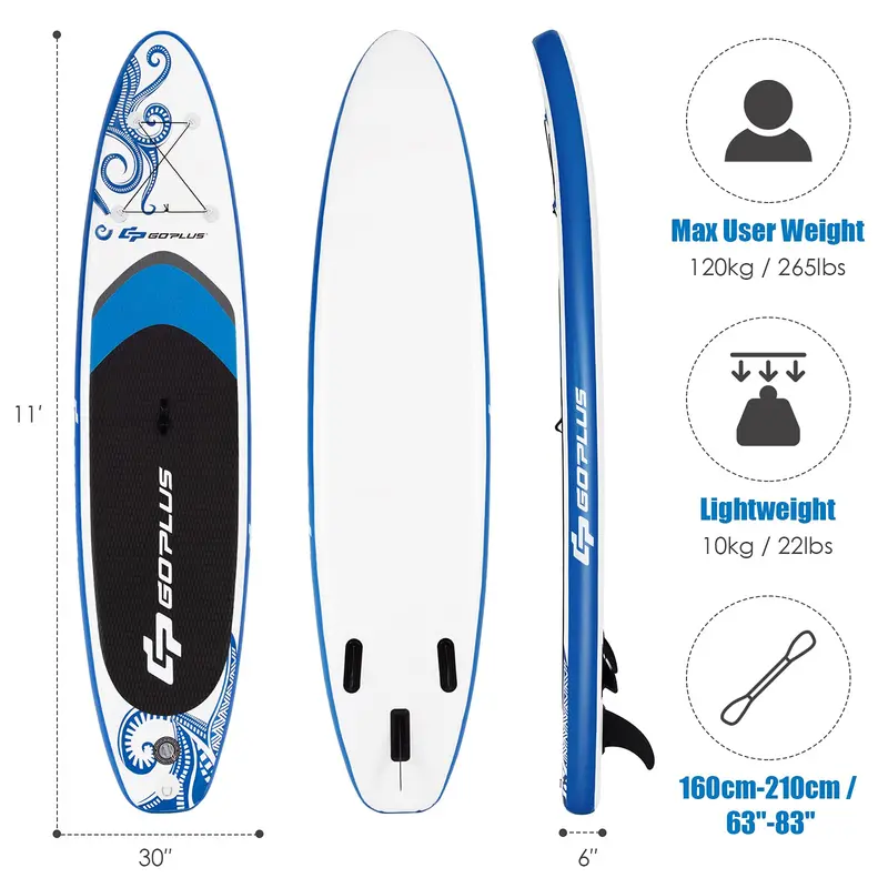 10.5- or 11-Foot Inflatable SUP – 6.5-Inch Thick Stand-Up Paddle Board with Carry Bag