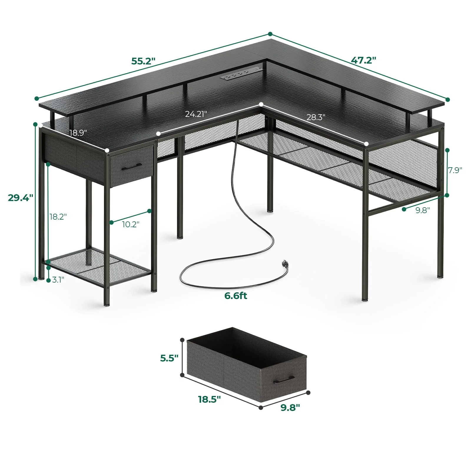 Huuger Gaming Desk with LED Lights & Power Outlets, L Shaped Desk Computer Desk with Storage Shelves, Fabric Drawer, Monitor Stand, Home Office Desk, Corner Desk, Black