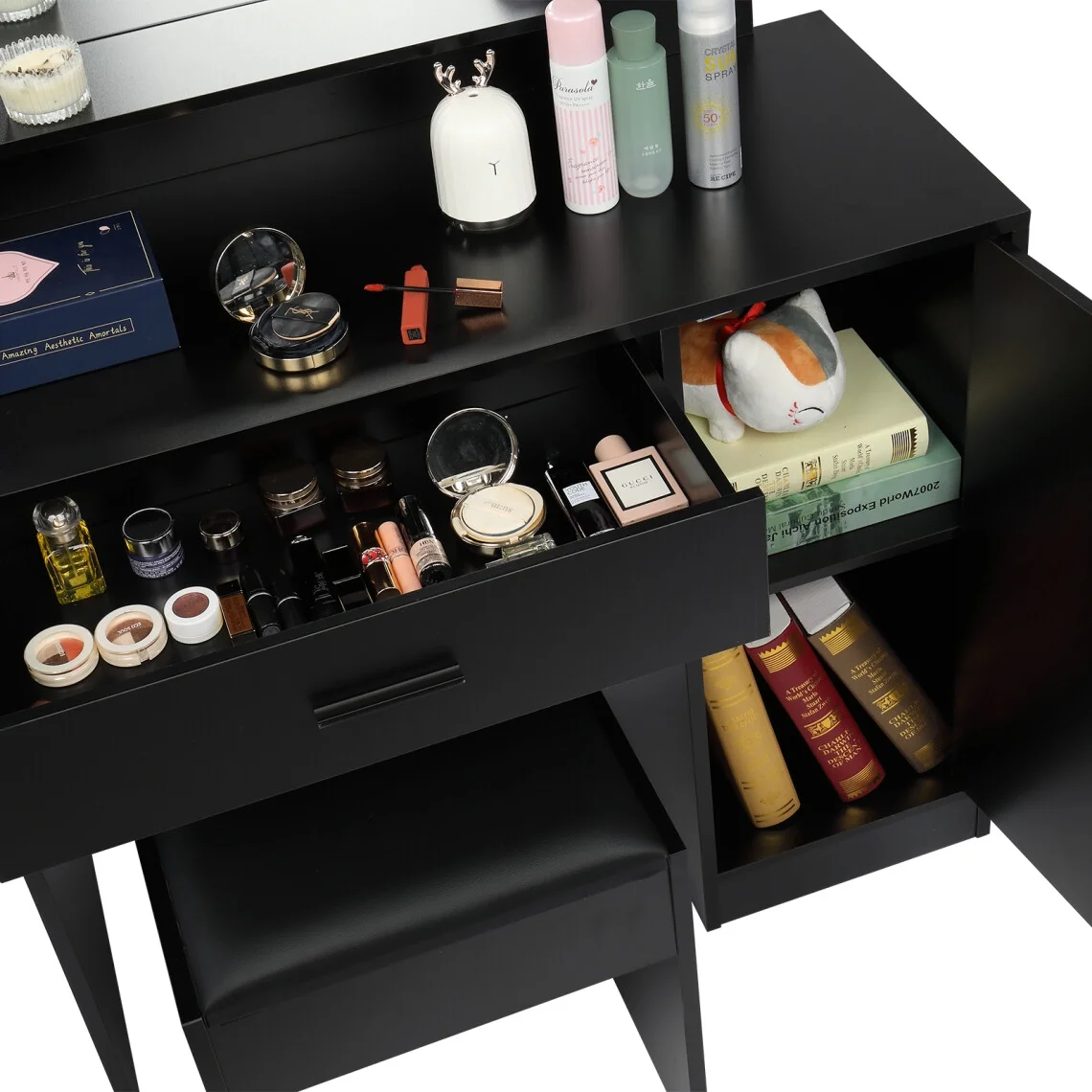 Black Bedroom Makeup Vanity Set, Vanity Desk with Light, Mirror and Cushioned Stool, Modern Makeup Dressing Table for Girls, Wife, Daughter, Mother, Adjustable Light Brightness
