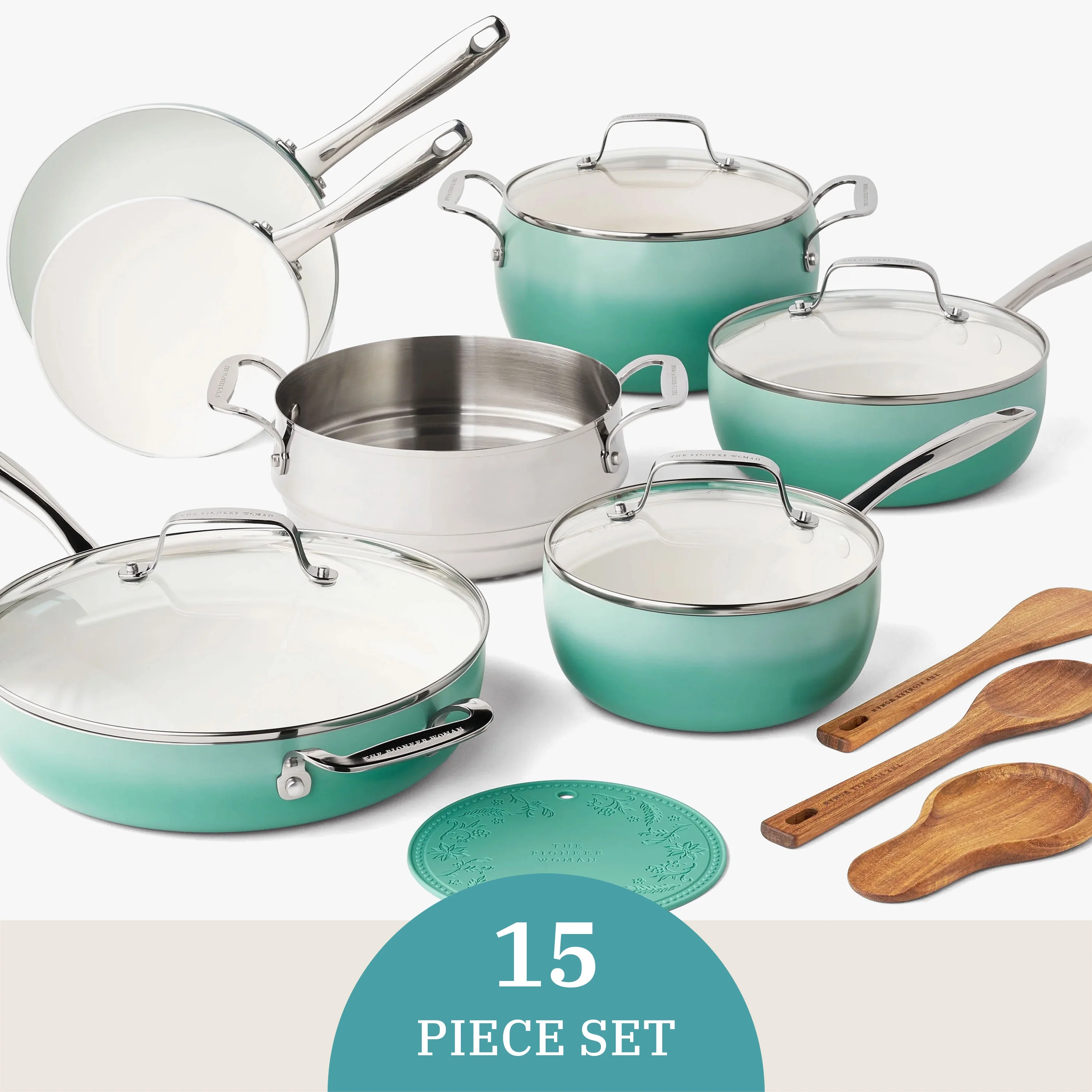 The Pioneer Woman Harlow 15-Piece Cookware Set, Ceramic Non-Stick Pots and Pans Set, Taupe