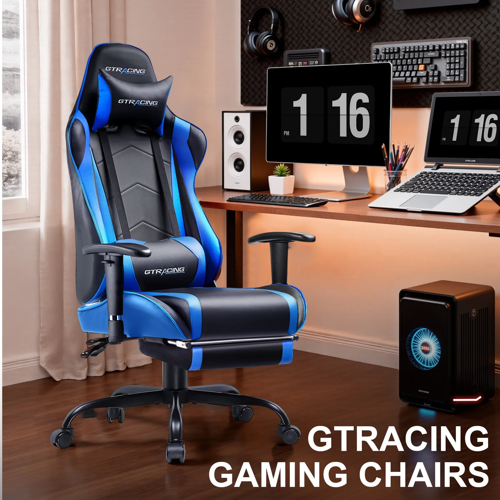 GTRACING Gaming Chair, Ergonomic Office Desk Chair with Lumbar Support, PU Leather, Footrest & Adjustable Headrest, Red
