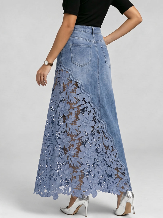 Women's Flowy A-Line Maxi Dress — Elegant Lace-Paneled Denim Maxi Dress, Perfect for Summer Beachwear