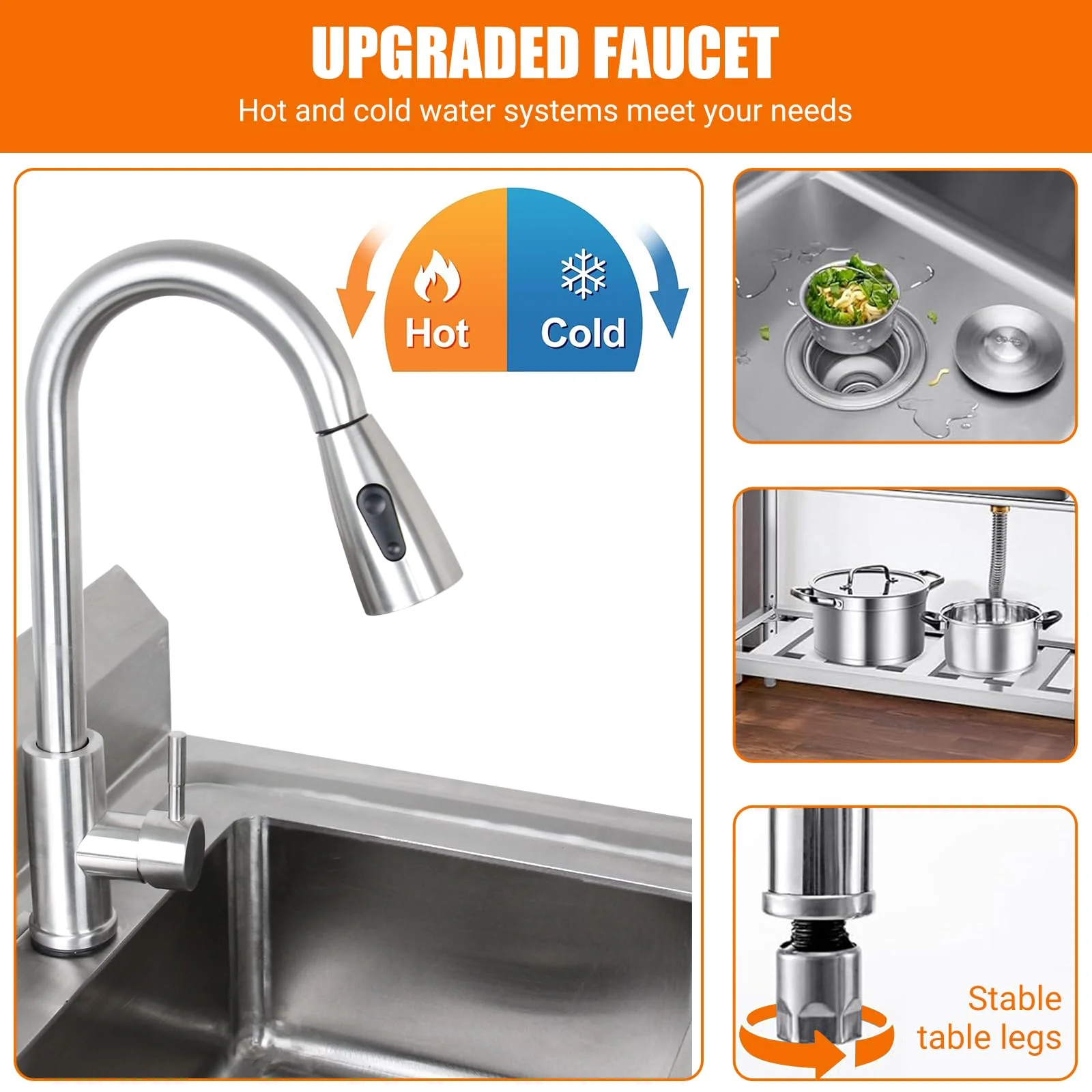 Kojooin Stainless Steel Commercial Utility Sink,Free Standing Single Bowl Pull-Down Faucet Heavy Duty Sink for Restaurant Bar Laundry - Hot & Cold Water Indoor & Outdoor