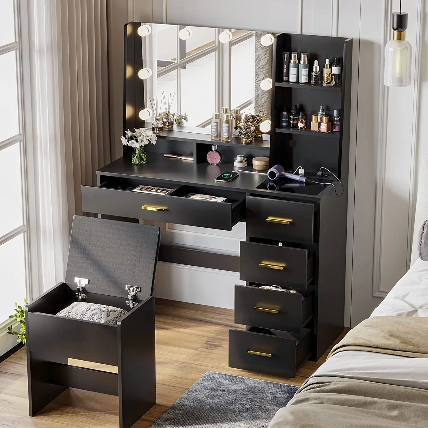 Black Vanity Set with Lights & Charging Station & Cushioned Stool, Modern Makeup Vanity Desk Table with Visible Drawers and Open Storage Shelves for Women Girls