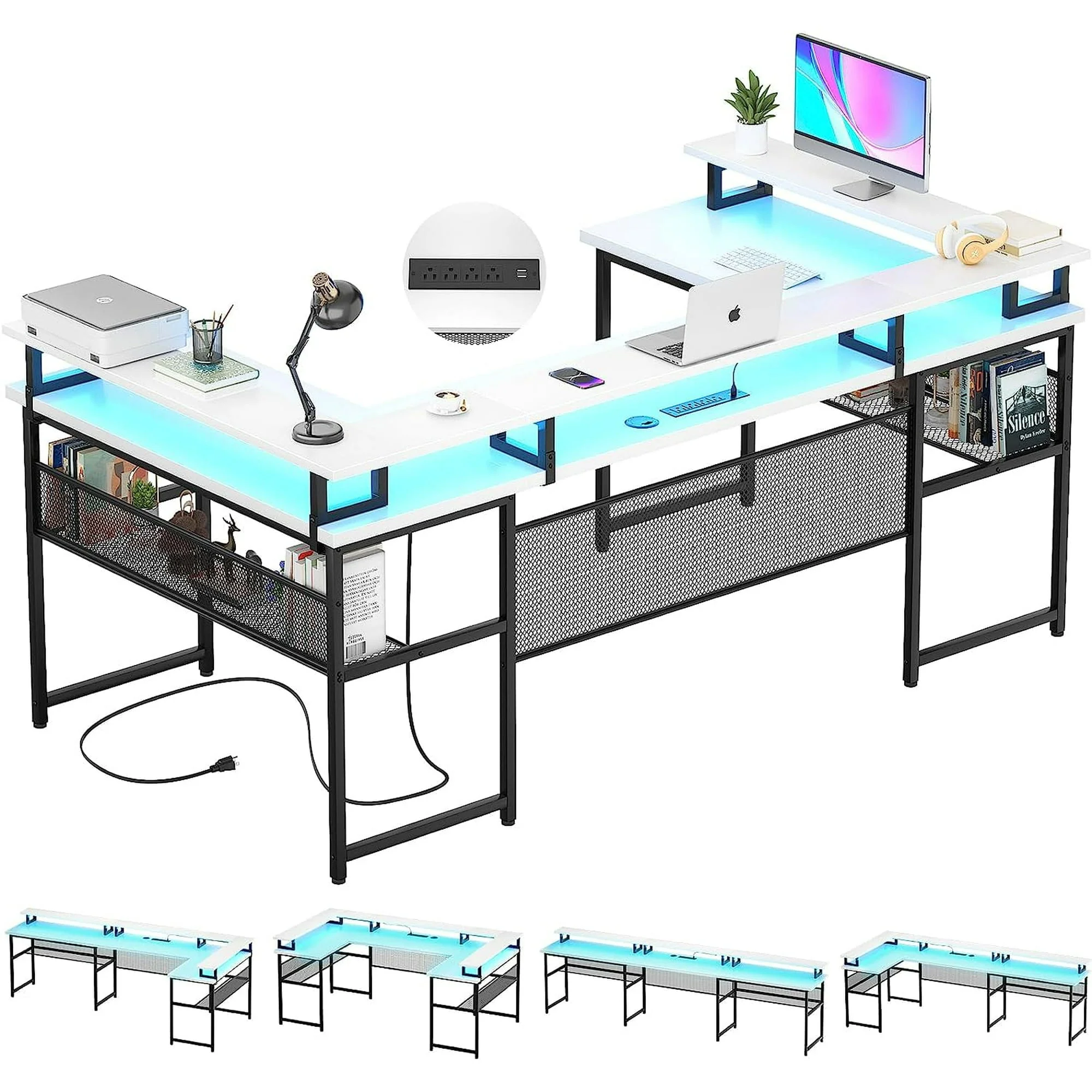 Homieasy U Shaped Desk with Power Outlet, 83 inch Reversible L-Shaped Gaming Desk with Monitor Stand and LED Strips, 2 Person Corner computer Desk with Storage Shelf for Home Office, Black