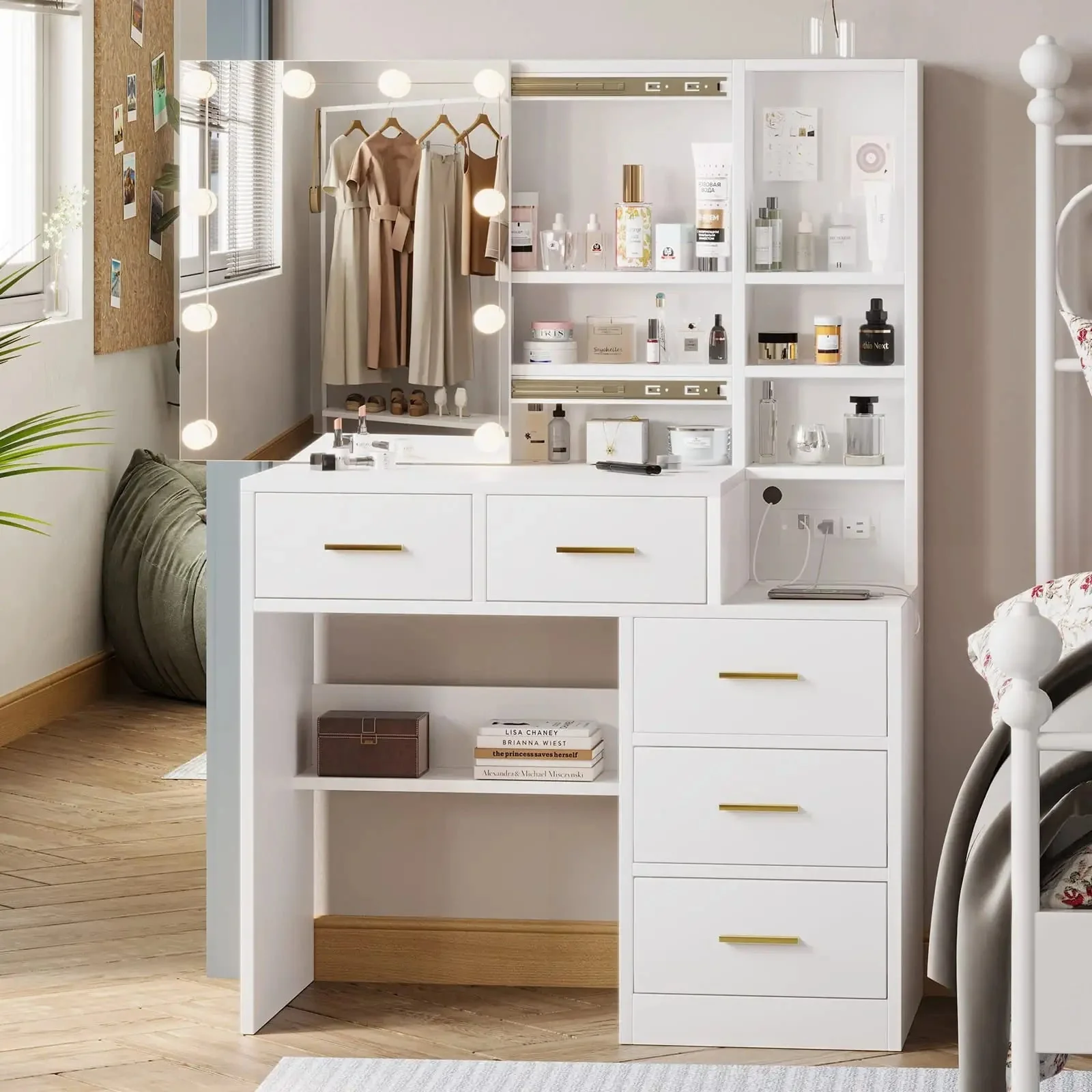White Vanity Set Desk Table with 10 LED Lights & Charging Station & Sliding Mirror, Modern Makeup Vanity Desk Dressing Table with 5 Drawers for Bedroom, 10 LED Light Bulbs
