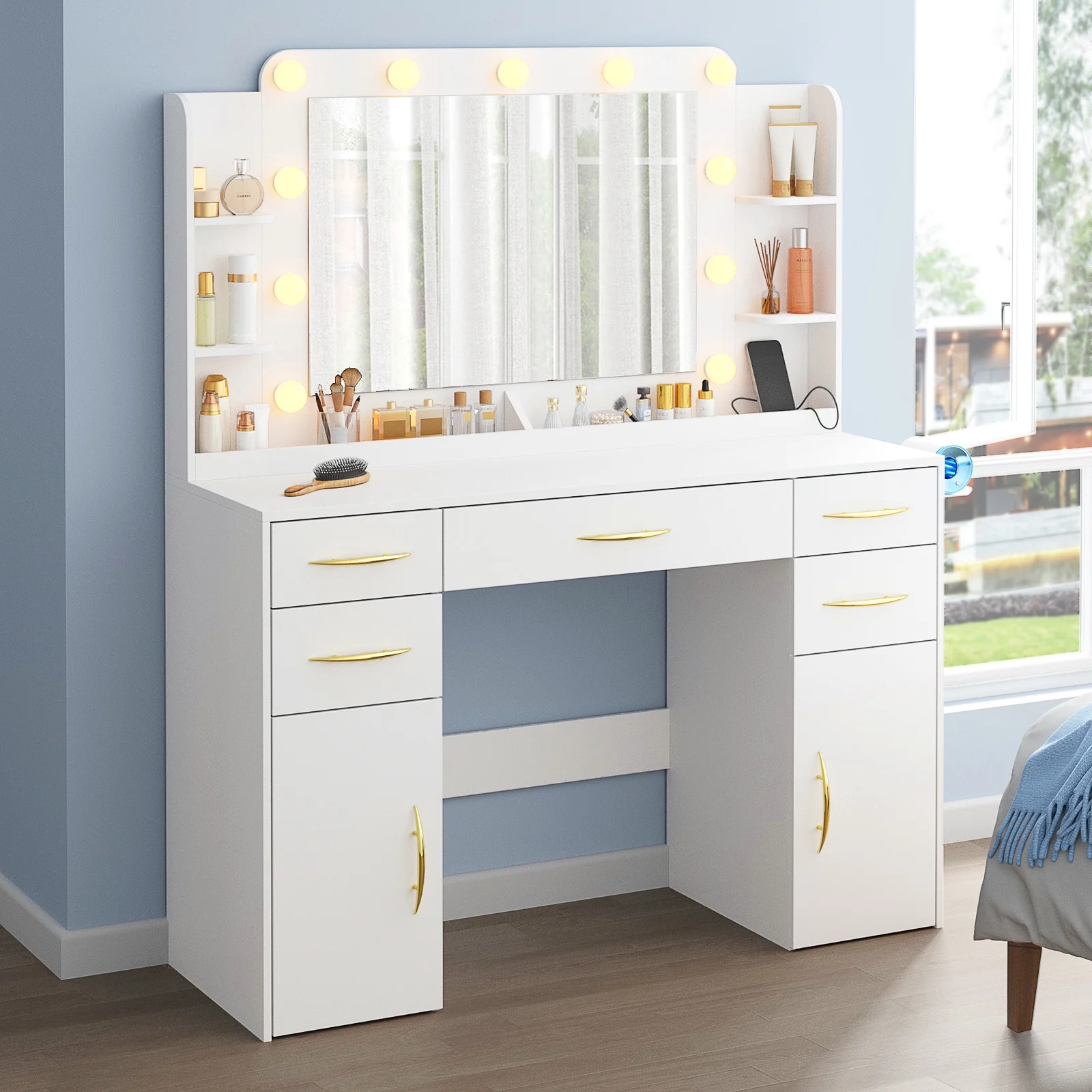 Tomnk woo 45.5in Makeup Vanity Desk with Mirror, Lights, Power Outlet, 5 Drawers, 2 Cabinets, White