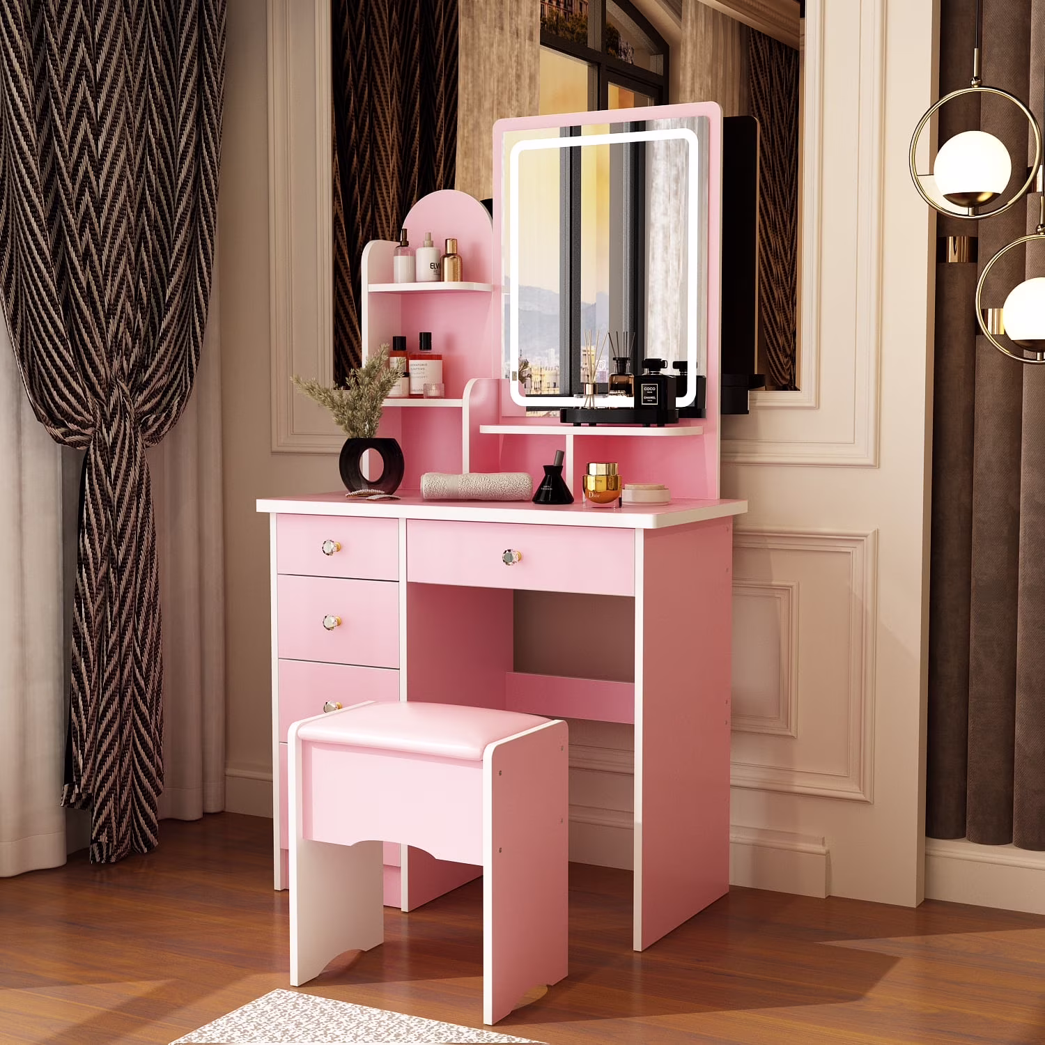 MONSLIPA Makeup Vanity Desk Set w/ Light, Sturdy Dressing Vanity Table with Bench, Shelves & Drawers