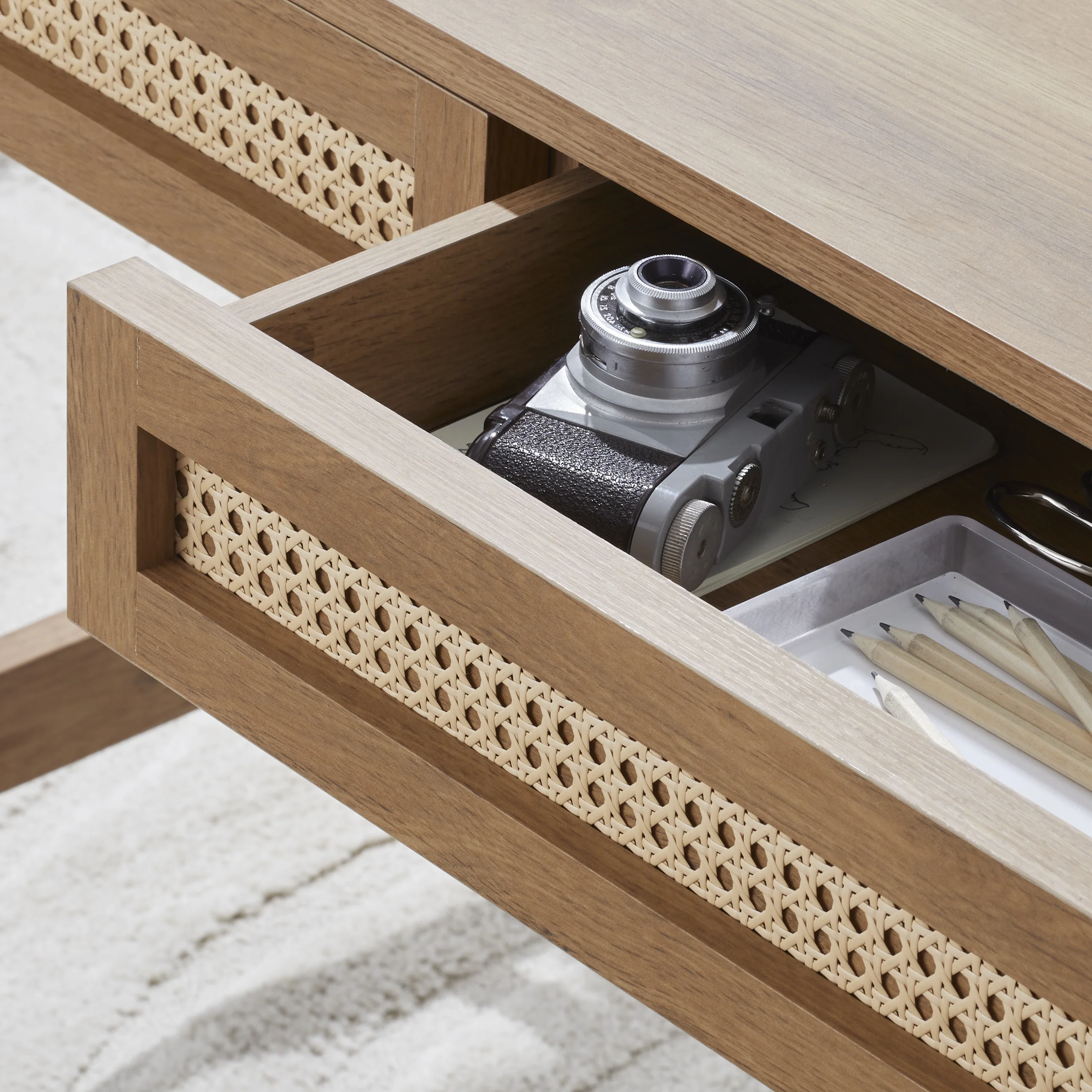 Better Homes & Gardens Springwood Caning Desk, Light Honey Finish