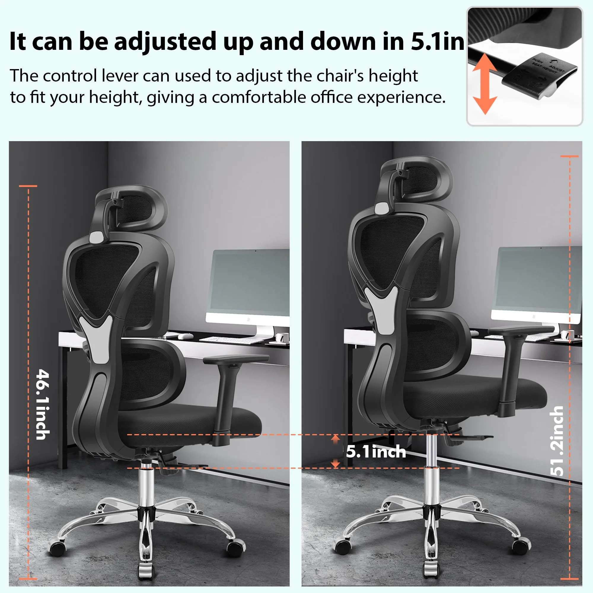 COOLHUT Ergonomic Office Chair, High Back Adjustable Computer Desk Chair with Lumbar Support, 500lb, Black
