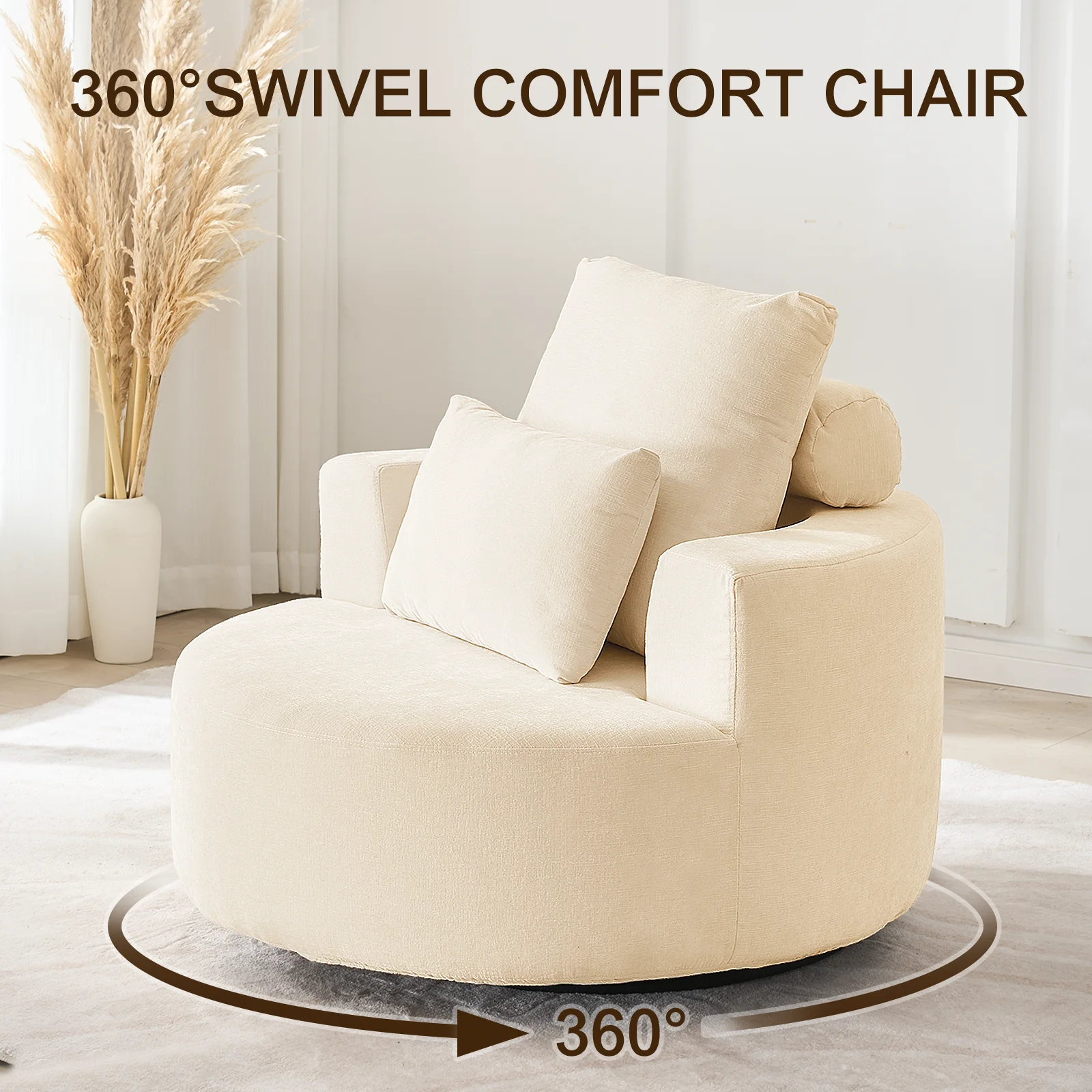 Fumahaus Upholstered Swivel Accent Chair, Oversized Comfy Round Sofa Chair with Two Pillows, Leisure Sofa Chair for Living Room Bedroom, Beige